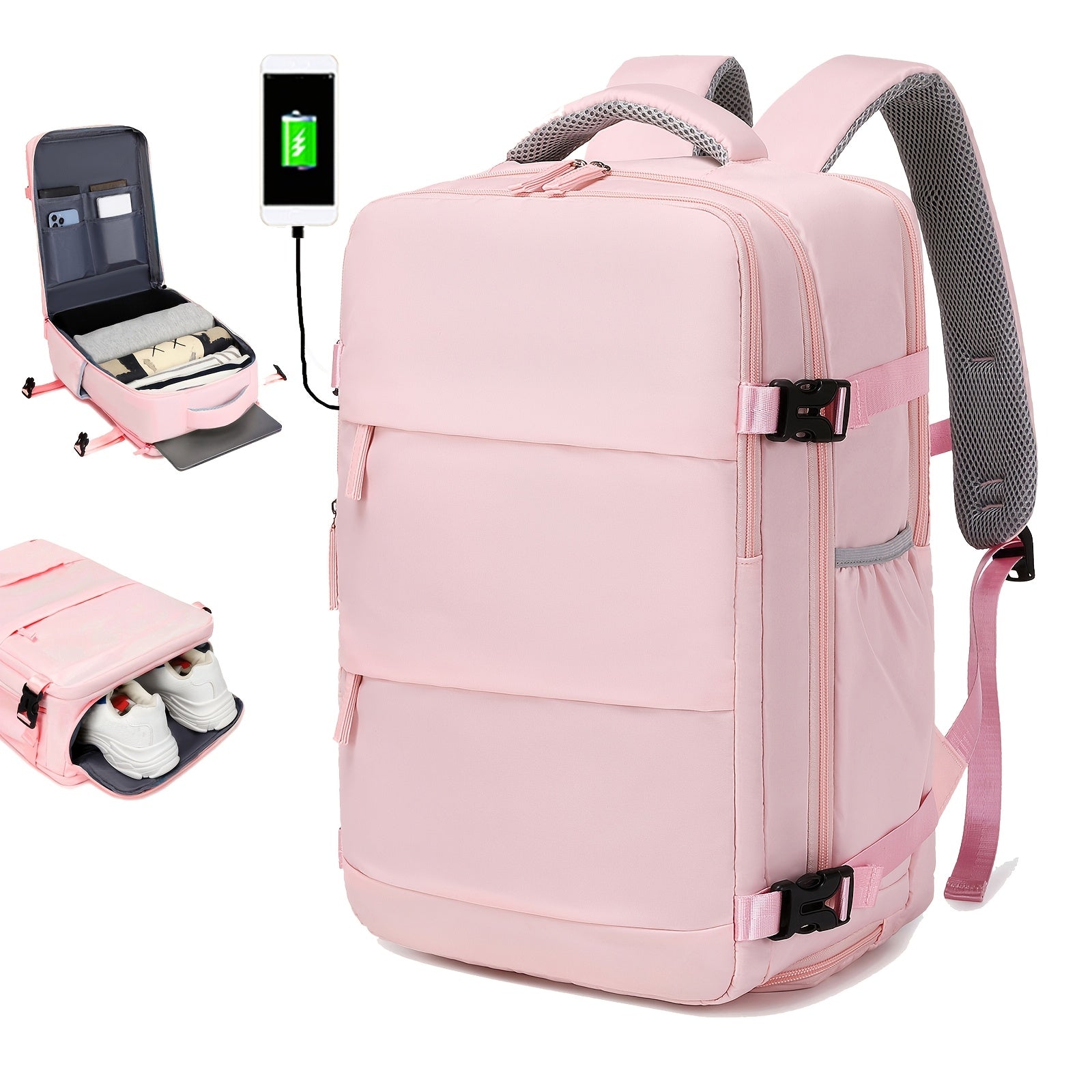 Ayollar uchun sayohat backpacki, poyabzal bo'limi bilan, noutbuk sumkasi, sozlanadigan kamar, zip yopilishi