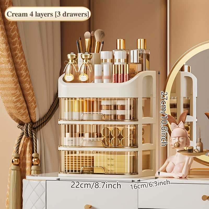 Go'zal plastik saqlash qutisi, makiyaj, zargarlik buyumlari va ish stoli buyumlari uchun tortmalar bilan. Suv o'tkazmaydigan va Rojdestvo, Sevgi kuni va Xitoy Yangi yili kabi bayramlarda sovg'a berish uchun mukammal.