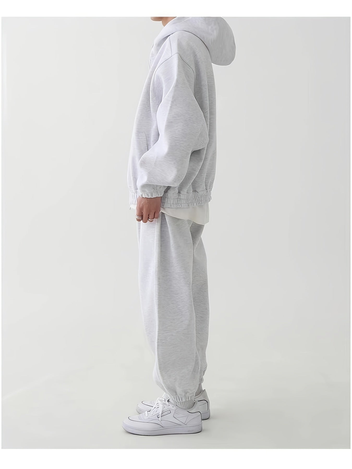 Men's Polyester Knit Hooded Sweatshirt and Pants Set Solid Color Loose Fit All-Season Loungewear