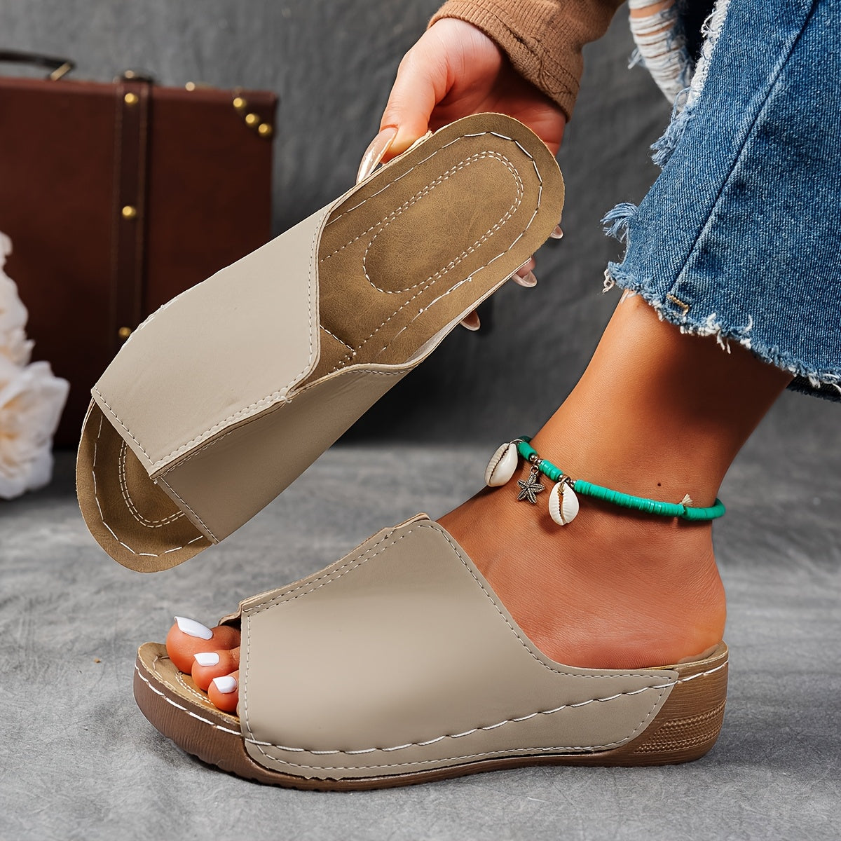 Women's Black and Brown Cork Slide Sandals Open Toe Casual Summer Shoes