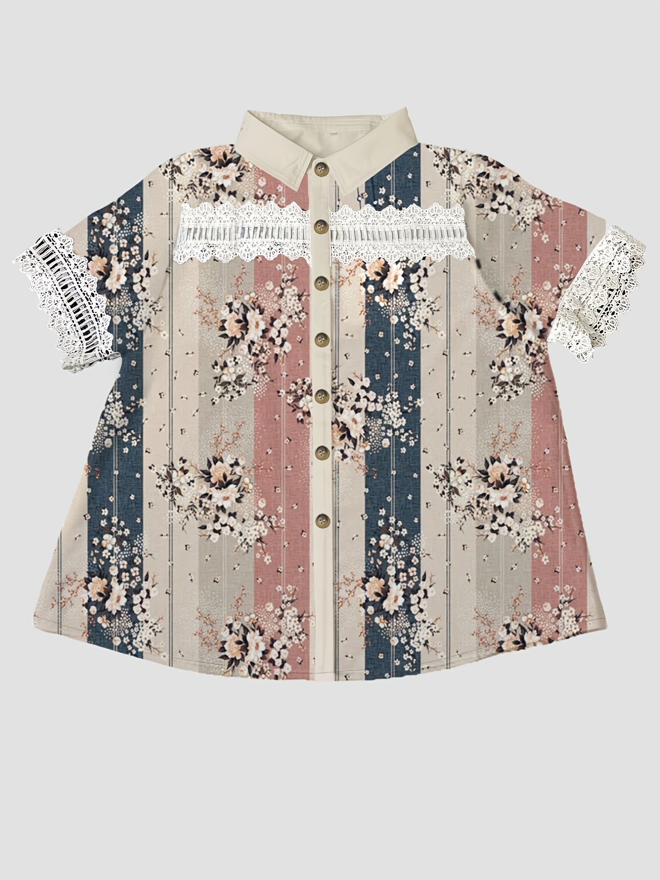 Women's Floral Print Short Sleeve Blouse Polyester Lace Detail Spring Summer