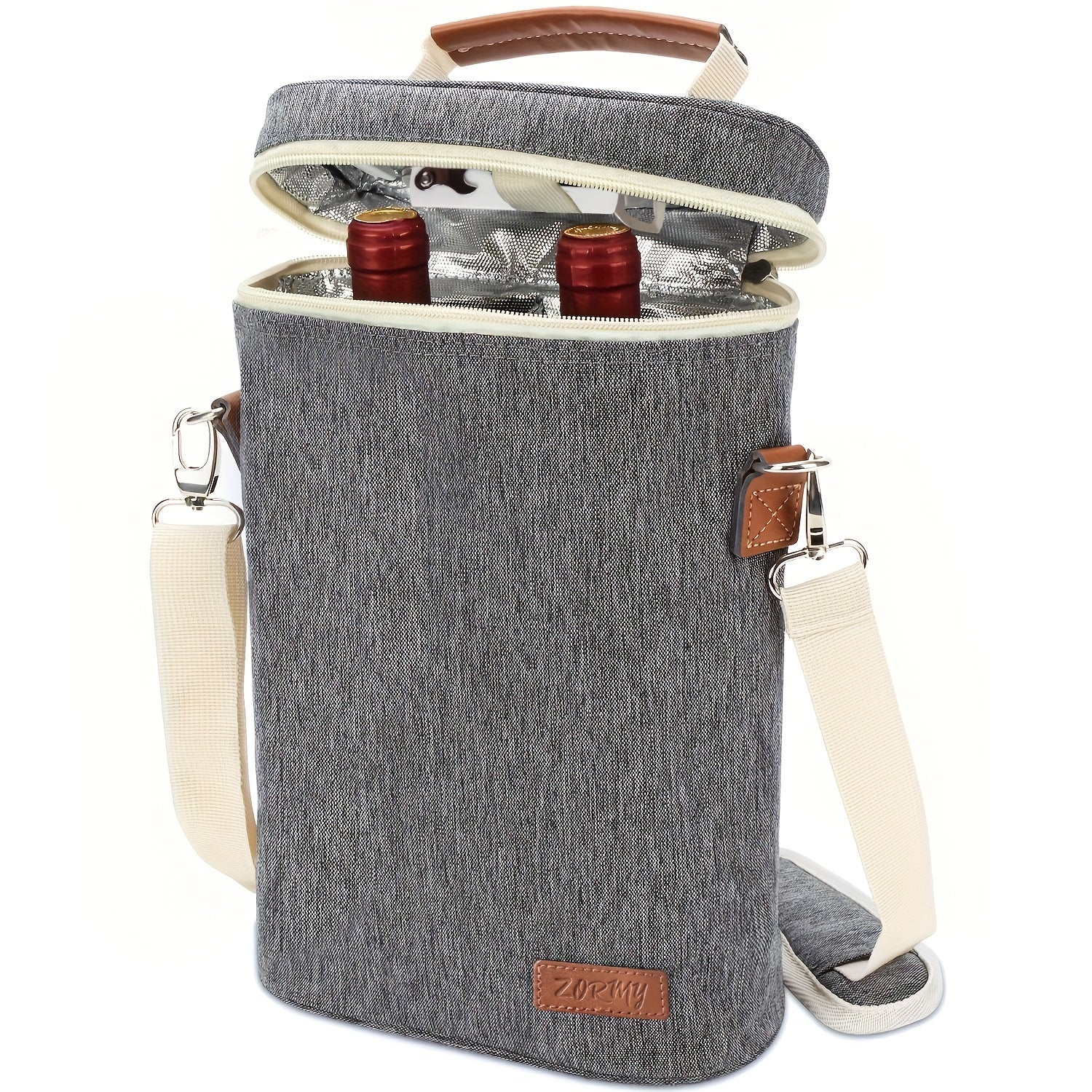 Insulated Wine Tote Bag with Shoulder Straps and Corkscrew for Picnics