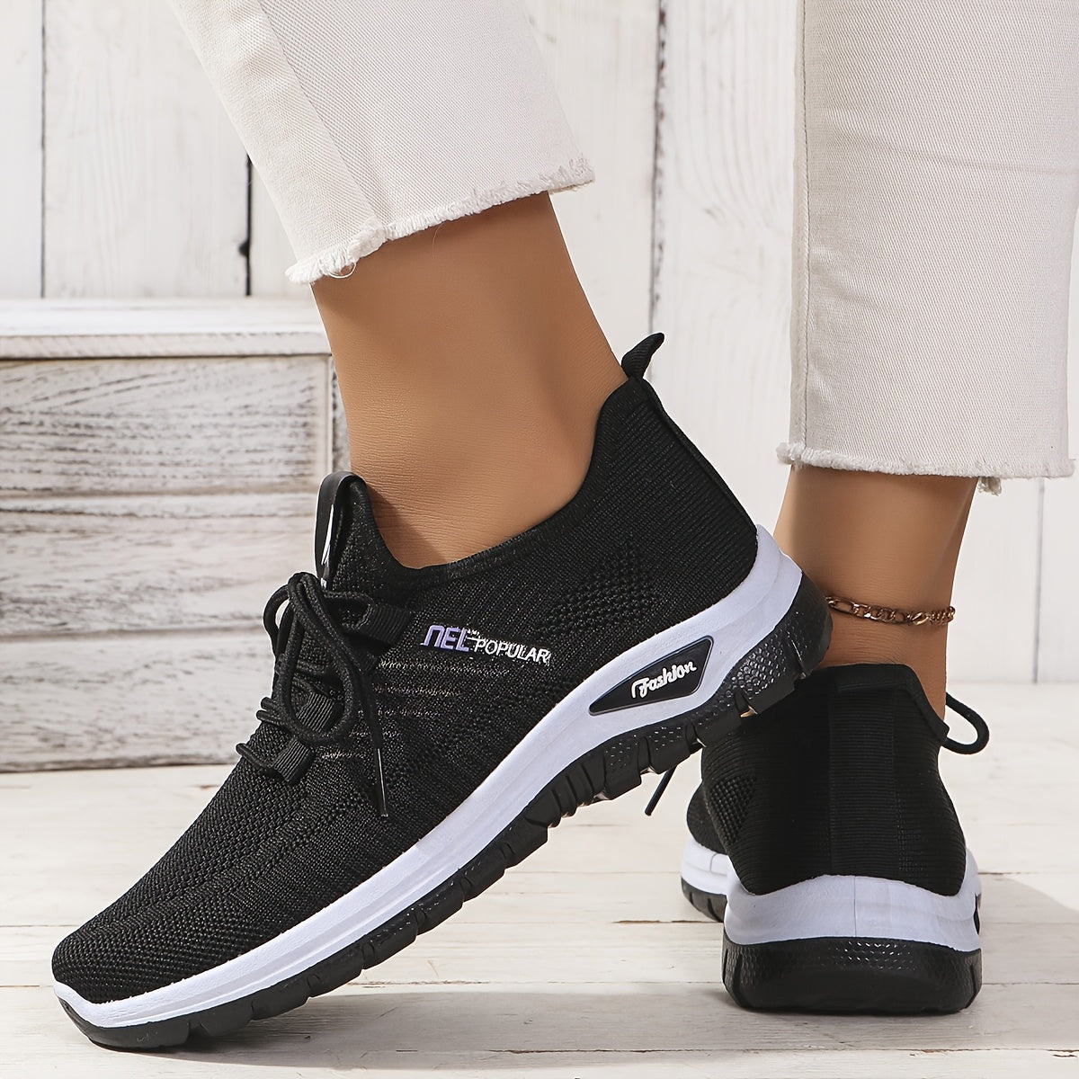 Women's Black Knit Mesh Sneakers with Lace-Up Closure and Dual-Layer Sole