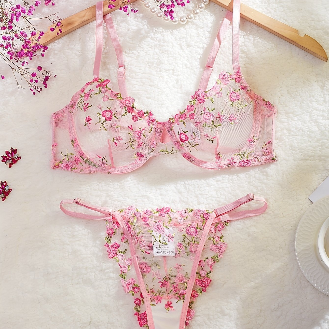 Women's Embroidered Mesh Floral Lingerie Set with Bra and Thong