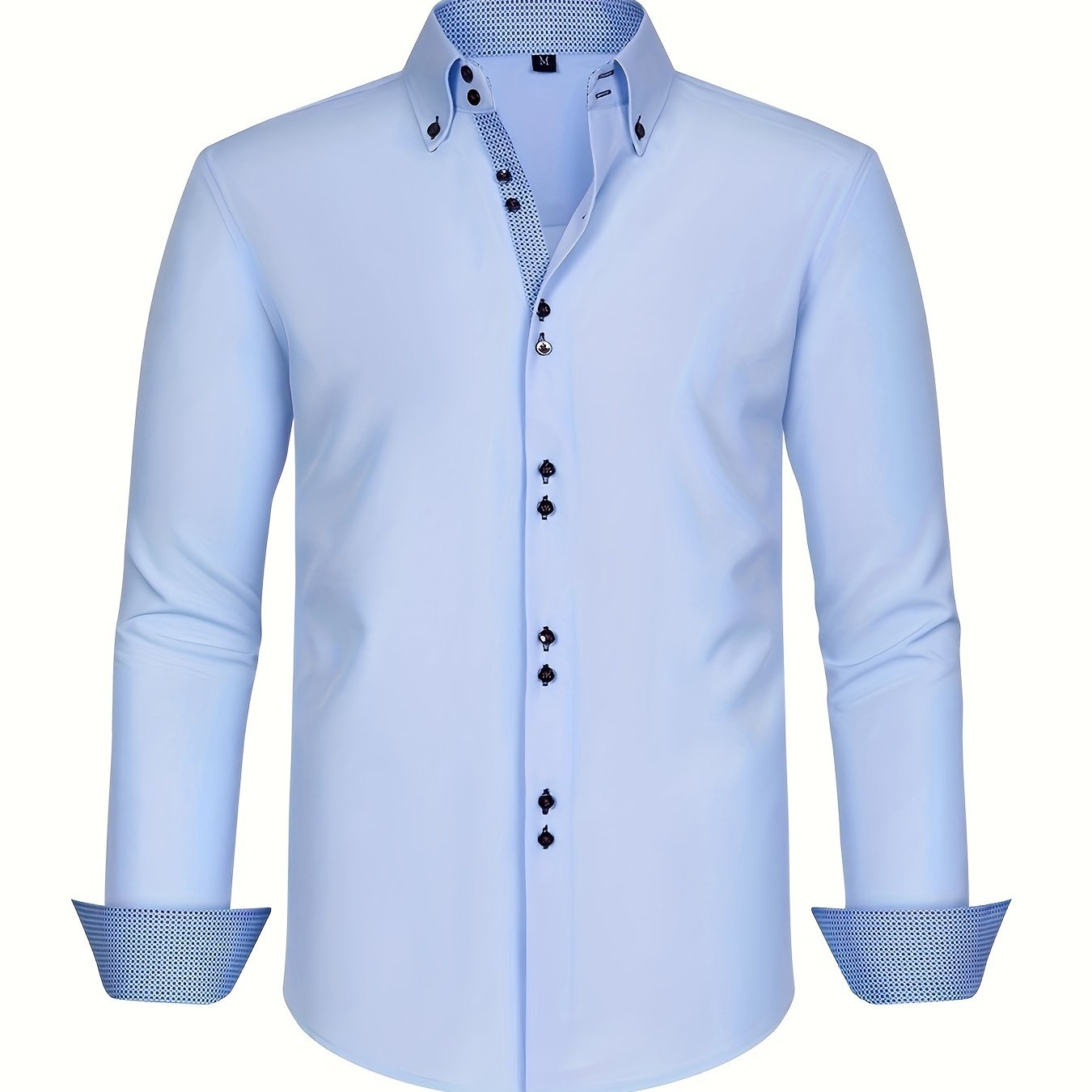 Men's Light Blue Double-Breasted Dress Shirt for Formal Occasions Spring Fall Stretchable Polyester