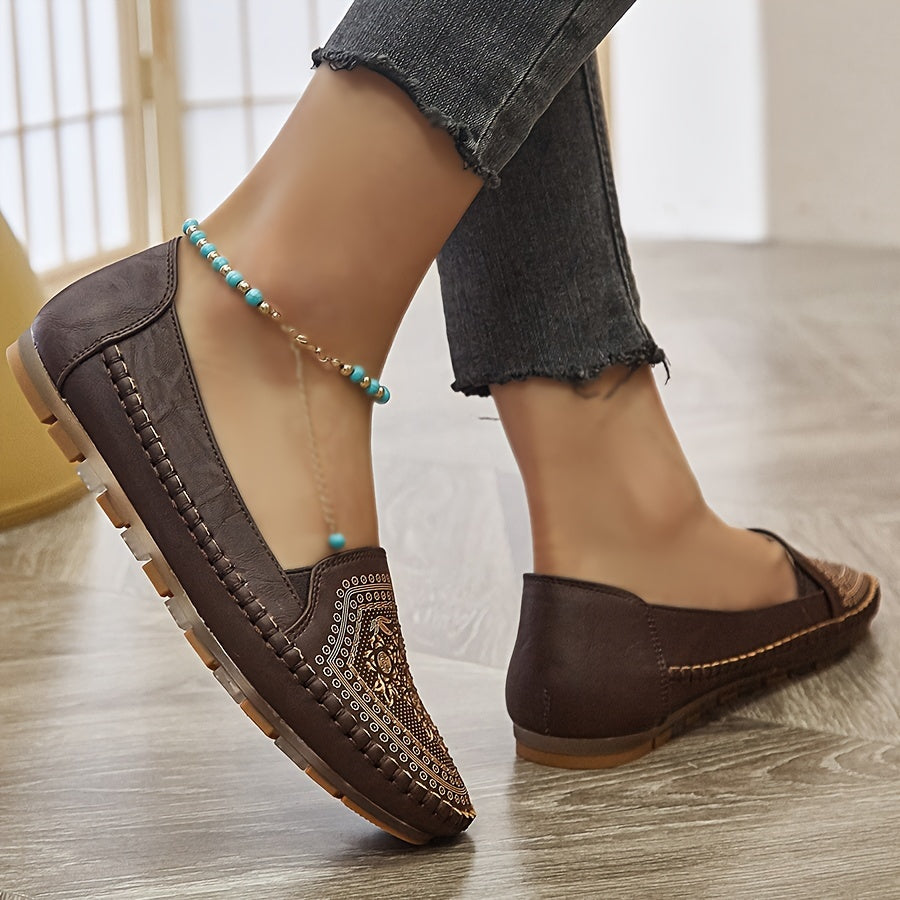 Zapatos planos de mujer de cuero sintético marrón con patrón floral y detalles de lentejuelas