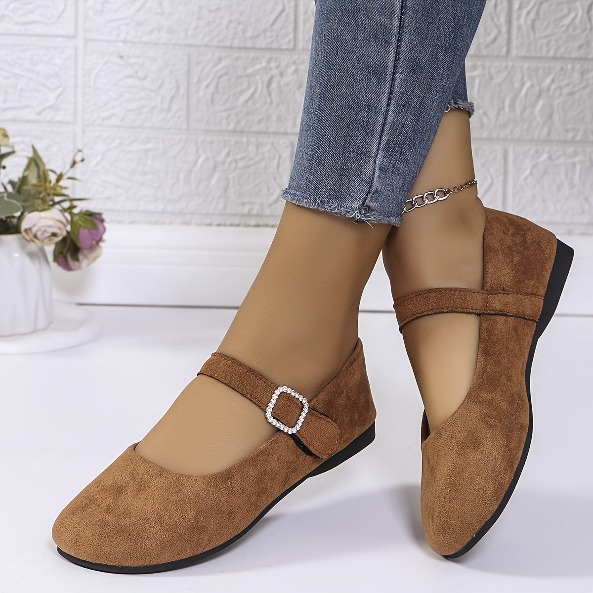 Ayollar Mary Jane tuflari, rhinestone tokchali, yashil, yengil fleece, qulay