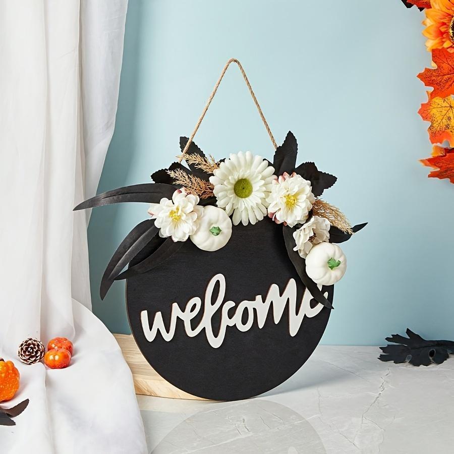 Wooden Halloween Door Sign Yellow Black Wreath Welcome Decoration