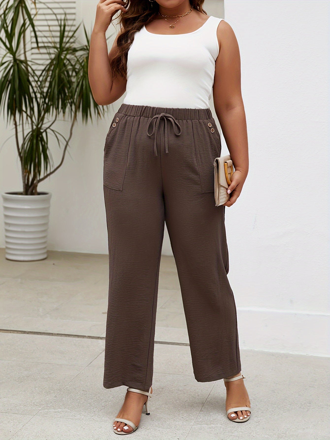 Women's Elastic Waist Straight Leg Flared Pants with Pockets and Button
