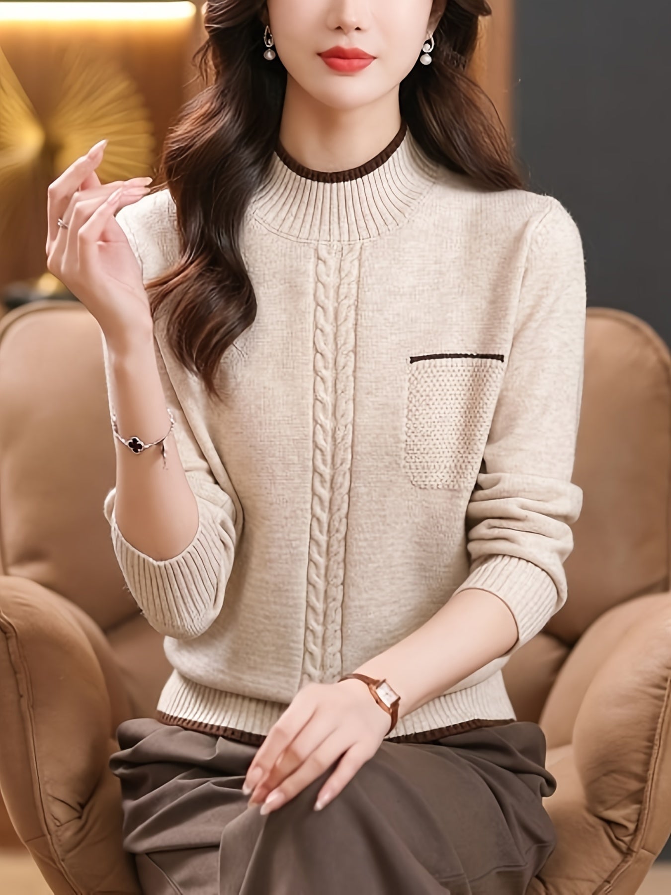 Plus Size Ribbed High Neck Sweater with Contrast Trim Casual Knitwear