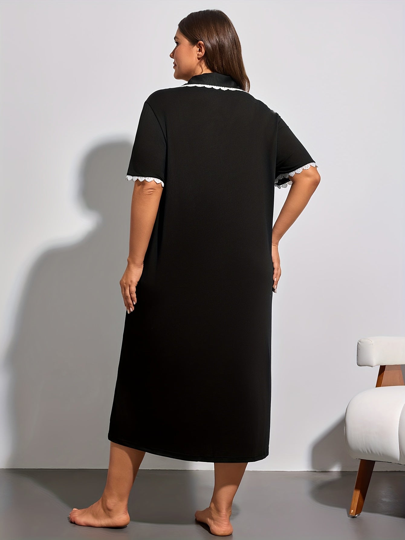 Plus Size Women's Sleep Dress Lace Trim Heart Print Short Sleeve Nightgown Black