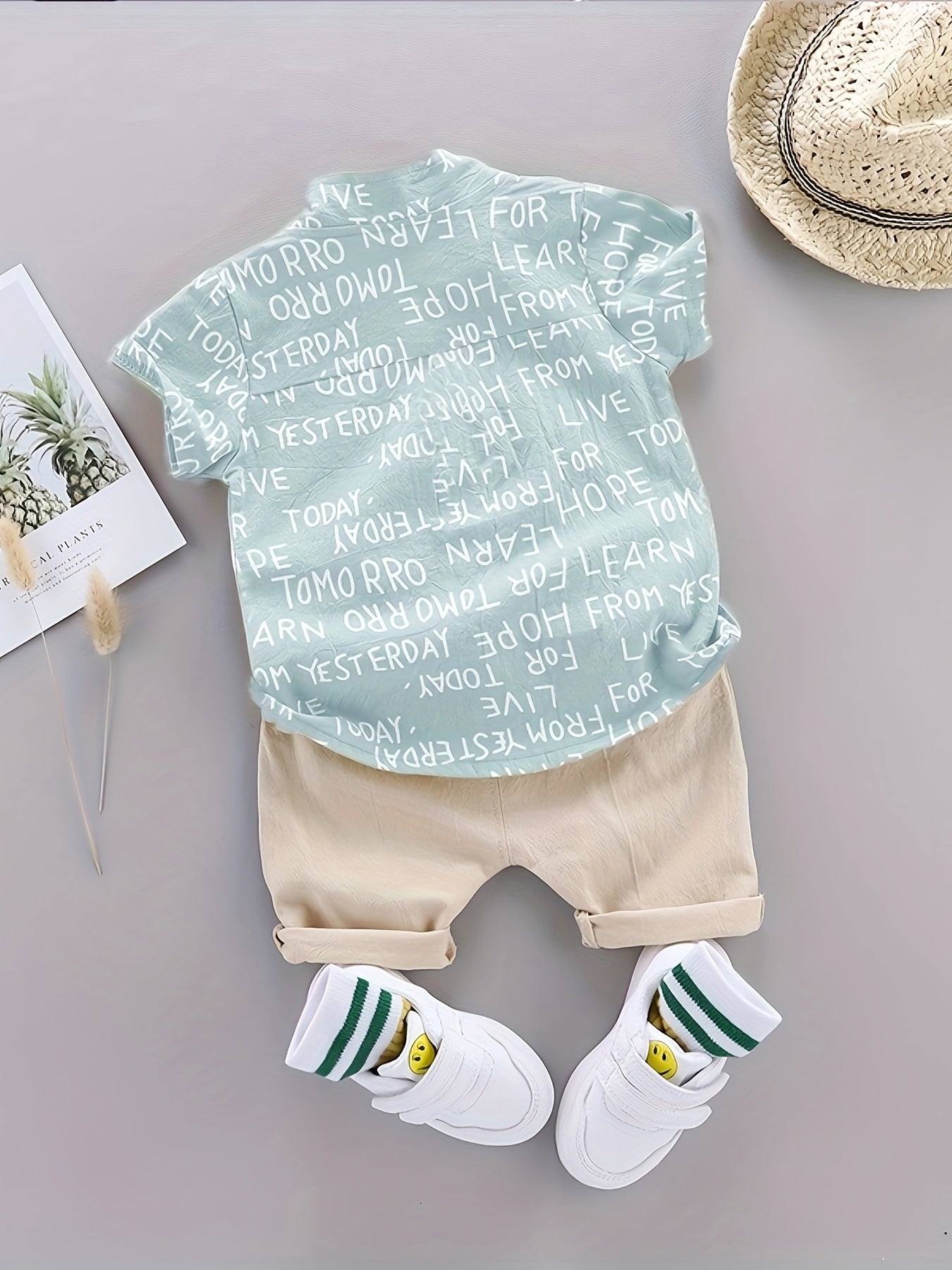 Kids Boys Summer Short-Sleeve Shirt and Shorts Set with Collar Alphabet Pattern Casual Clothing