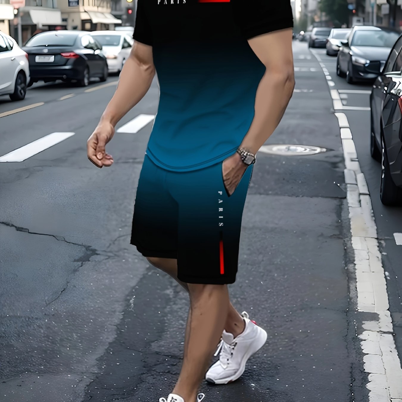 Men's Polyester T-Shirt and Shorts Set with Paris Letter Print All-Season Casual Wear