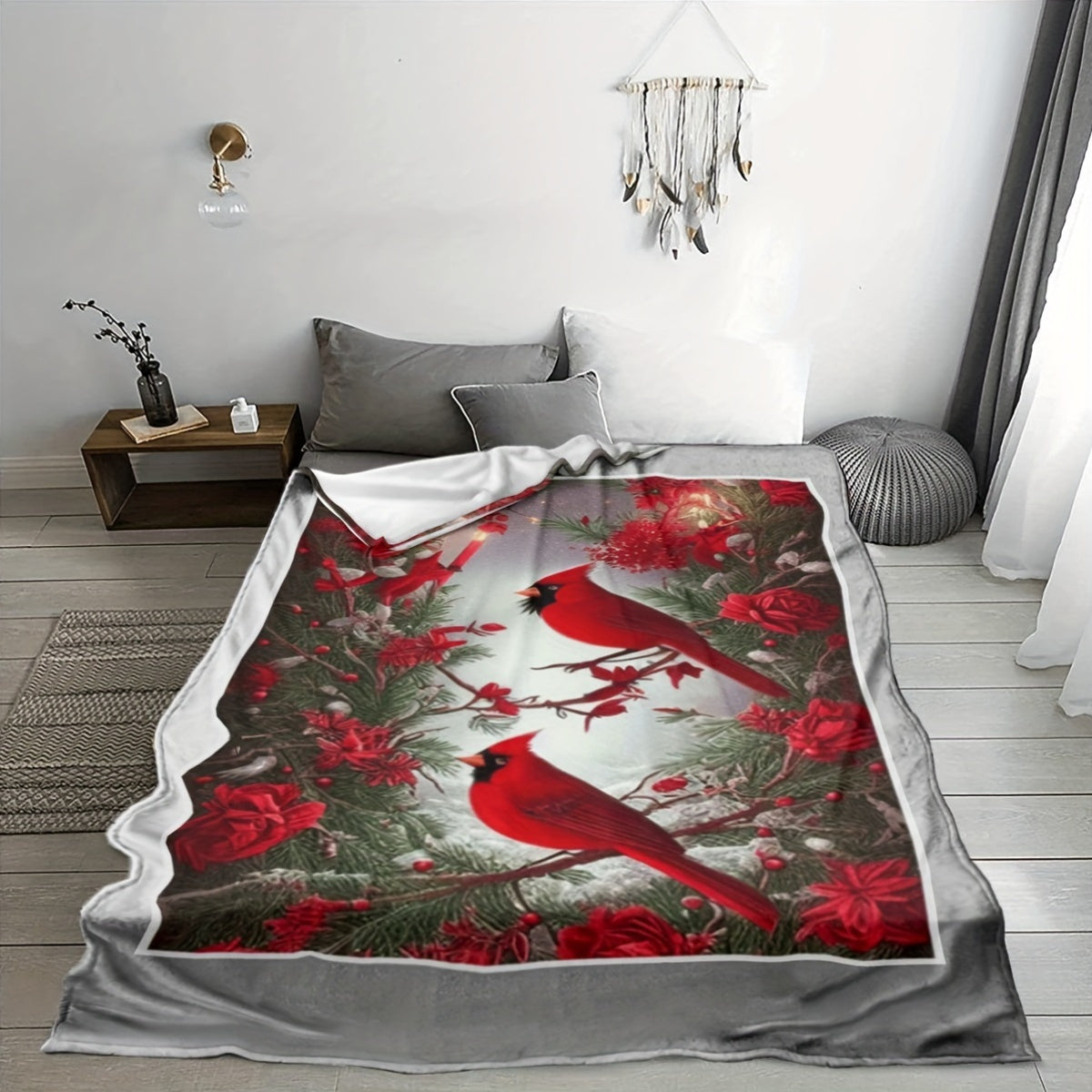 Colorful Cardinal Patterned Flannel Throw Blanket for All Seasons Woven Polyester