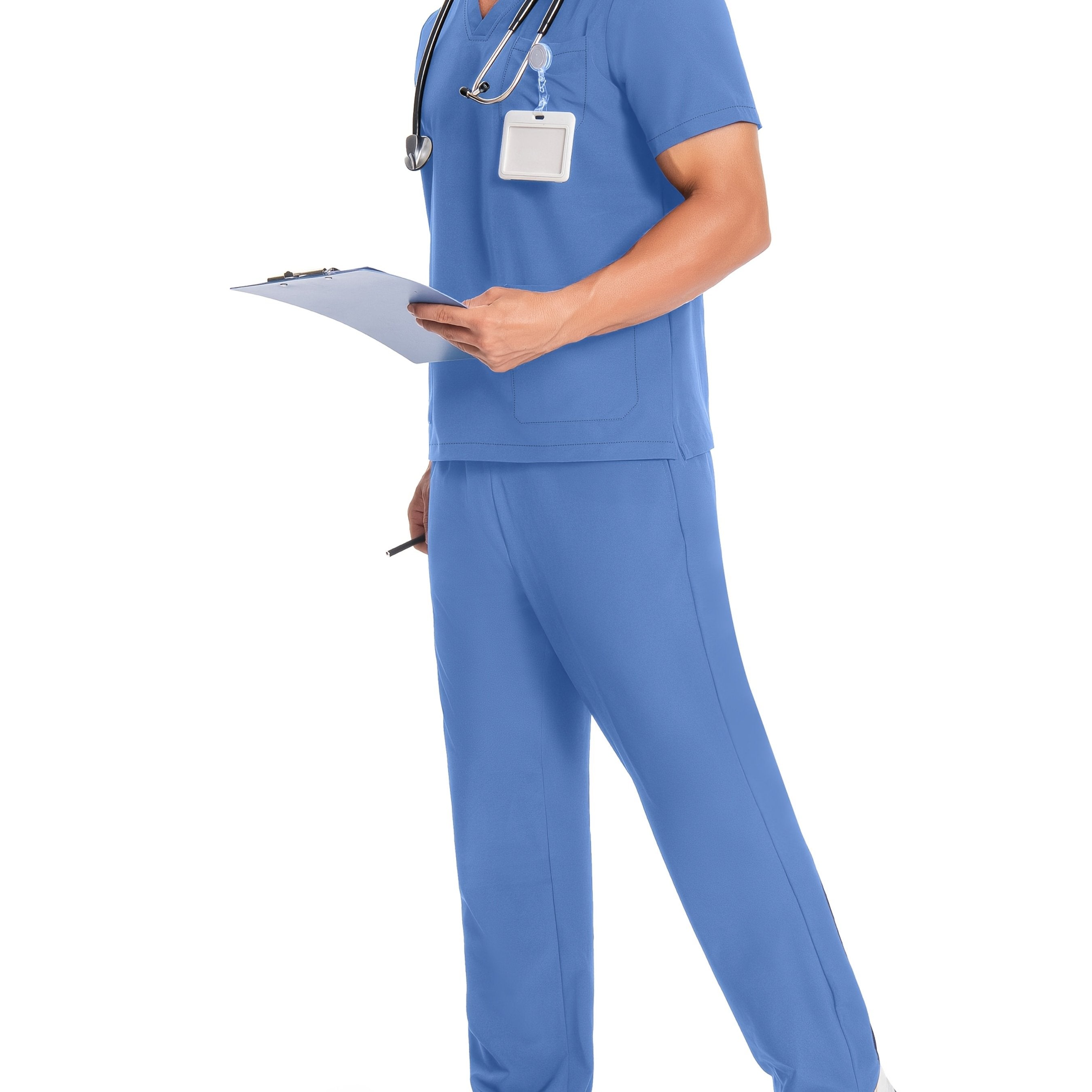 Men's Breathable Polyester Workwear Set V-Neck Top and Pants with Pockets for Pet Grooming and Lab Coats