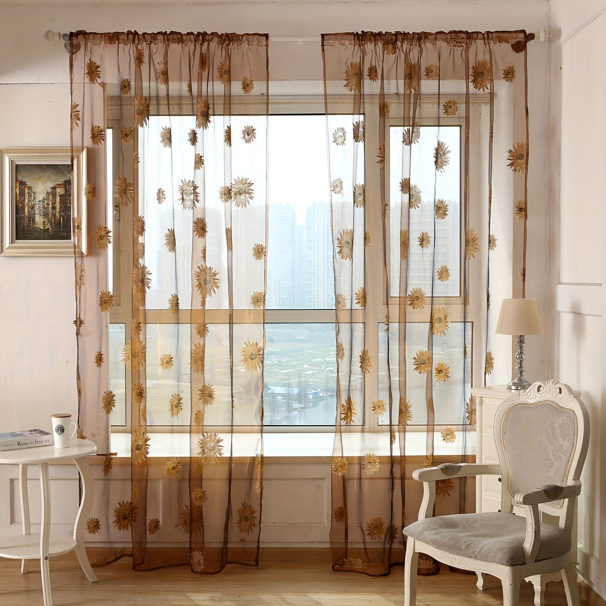 Sunflower Printed Sheer Curtain with Flower Design for Bedroom Living Room Office