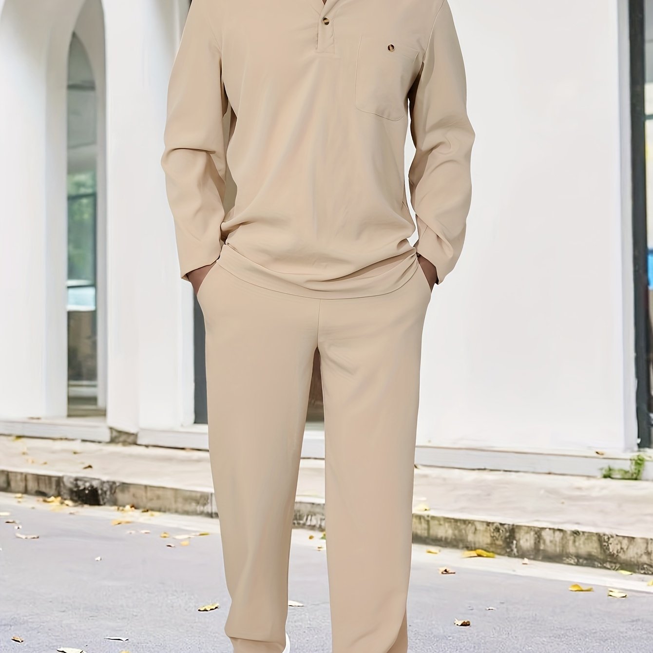 Men's Polyester Casual Sweatsuit with Collared Neck Solid Color Regular Fit Spring Fall
