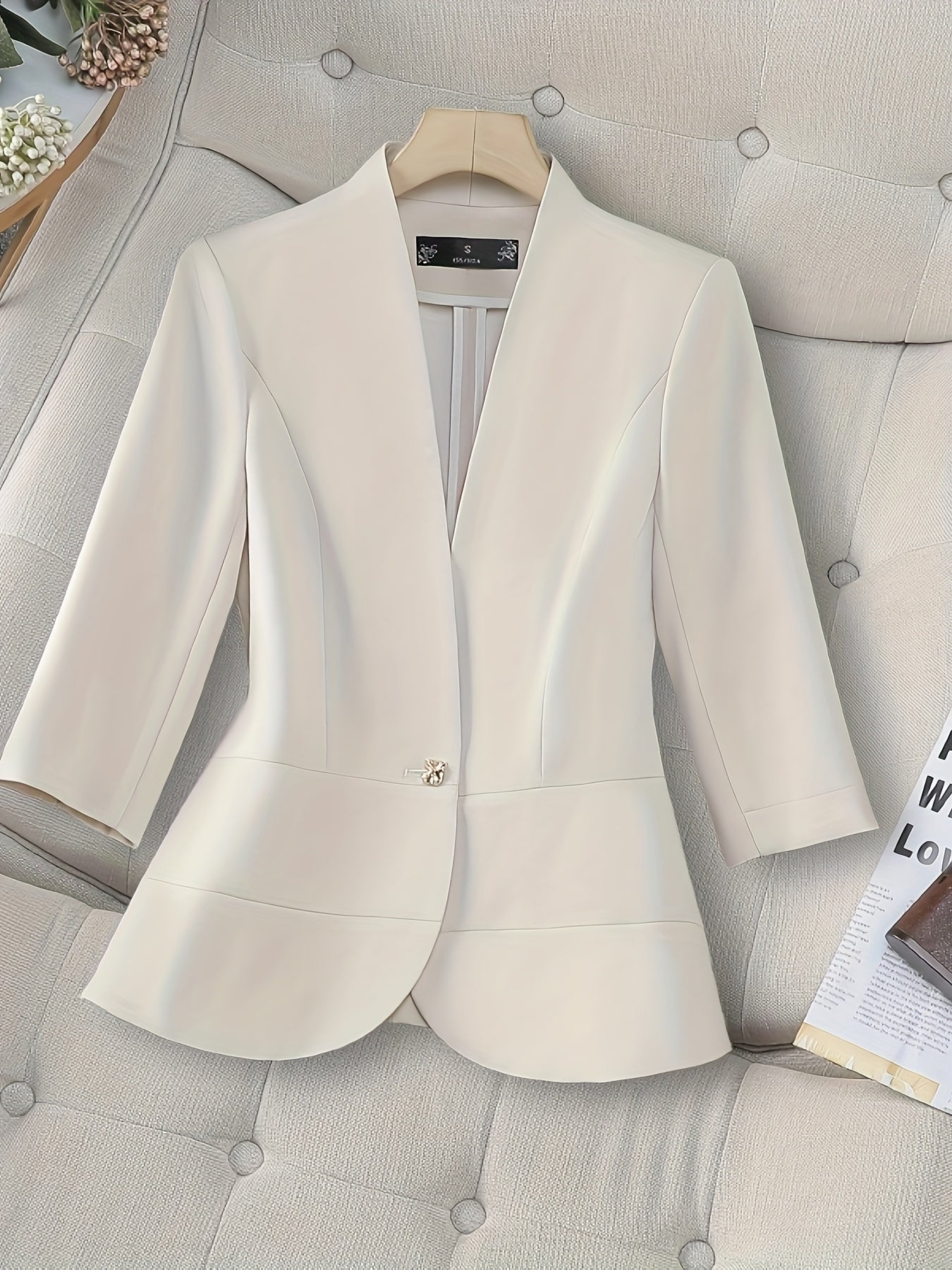Plus Size Women Blazer Three-Quarter Sleeve Solid Color Office Casual