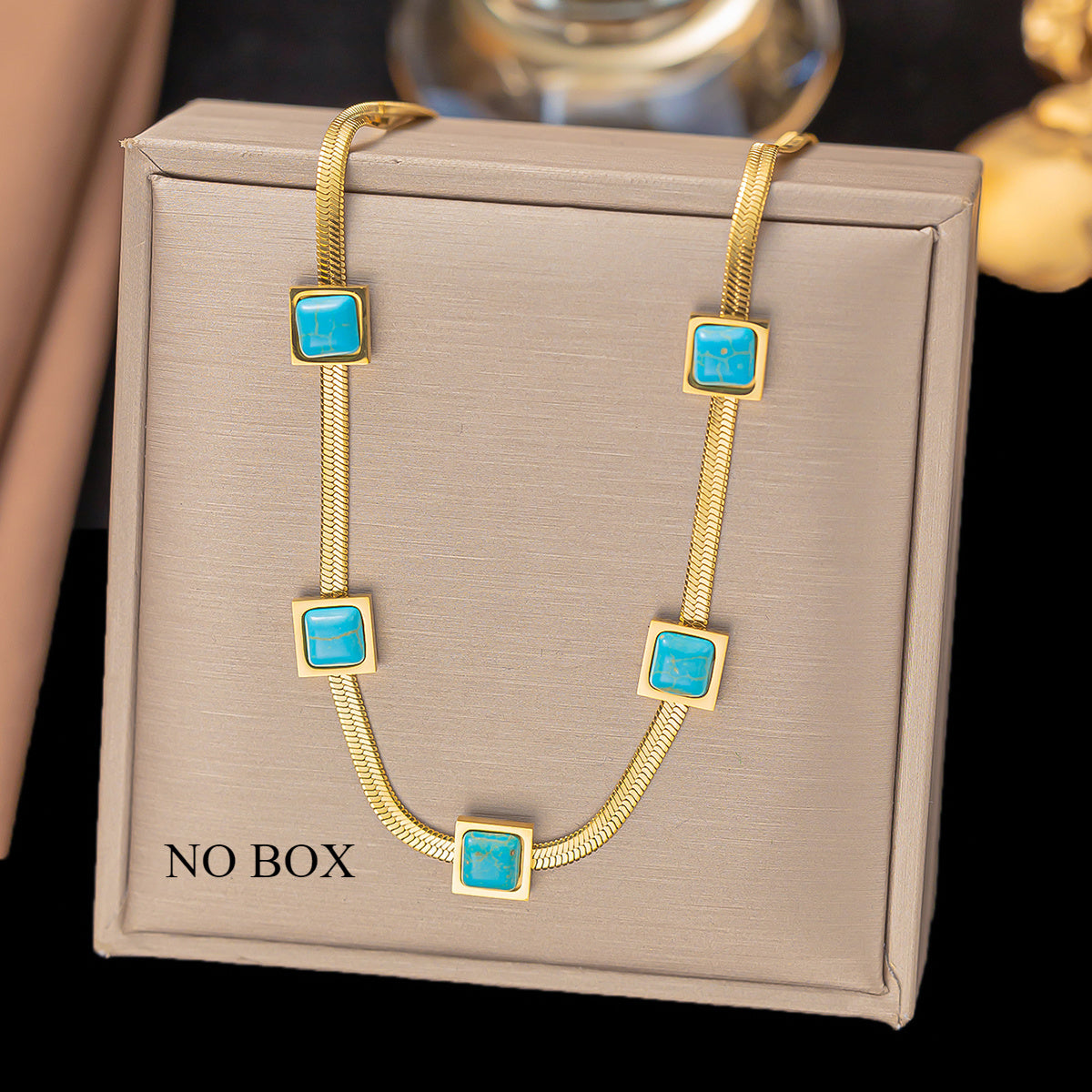 Gold Plated Square Pendant Necklace with Synthetic Turquoise for Women