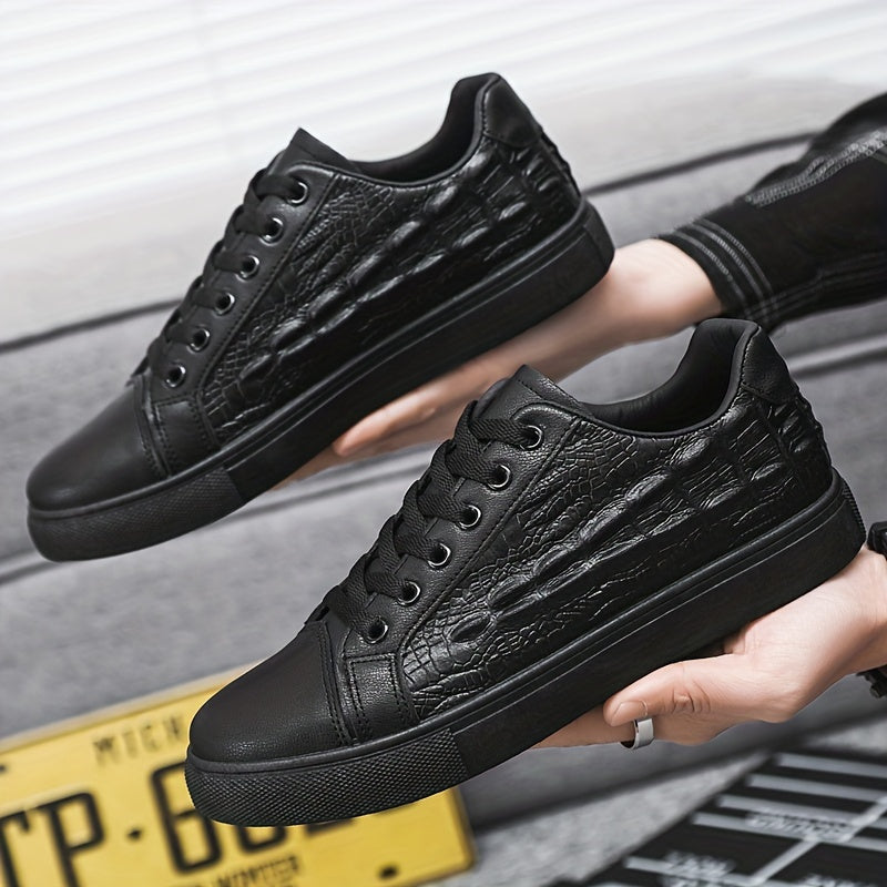 Men's Black Crocodile Pattern Casual Sneakers with Soft Sole and Lace-Up