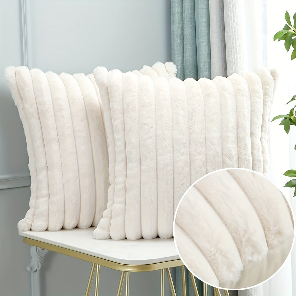 2 Pack Faux Fur Plush Decorative Throw Pillow Covers Cream White Striped for Sofa Couch Bedroom