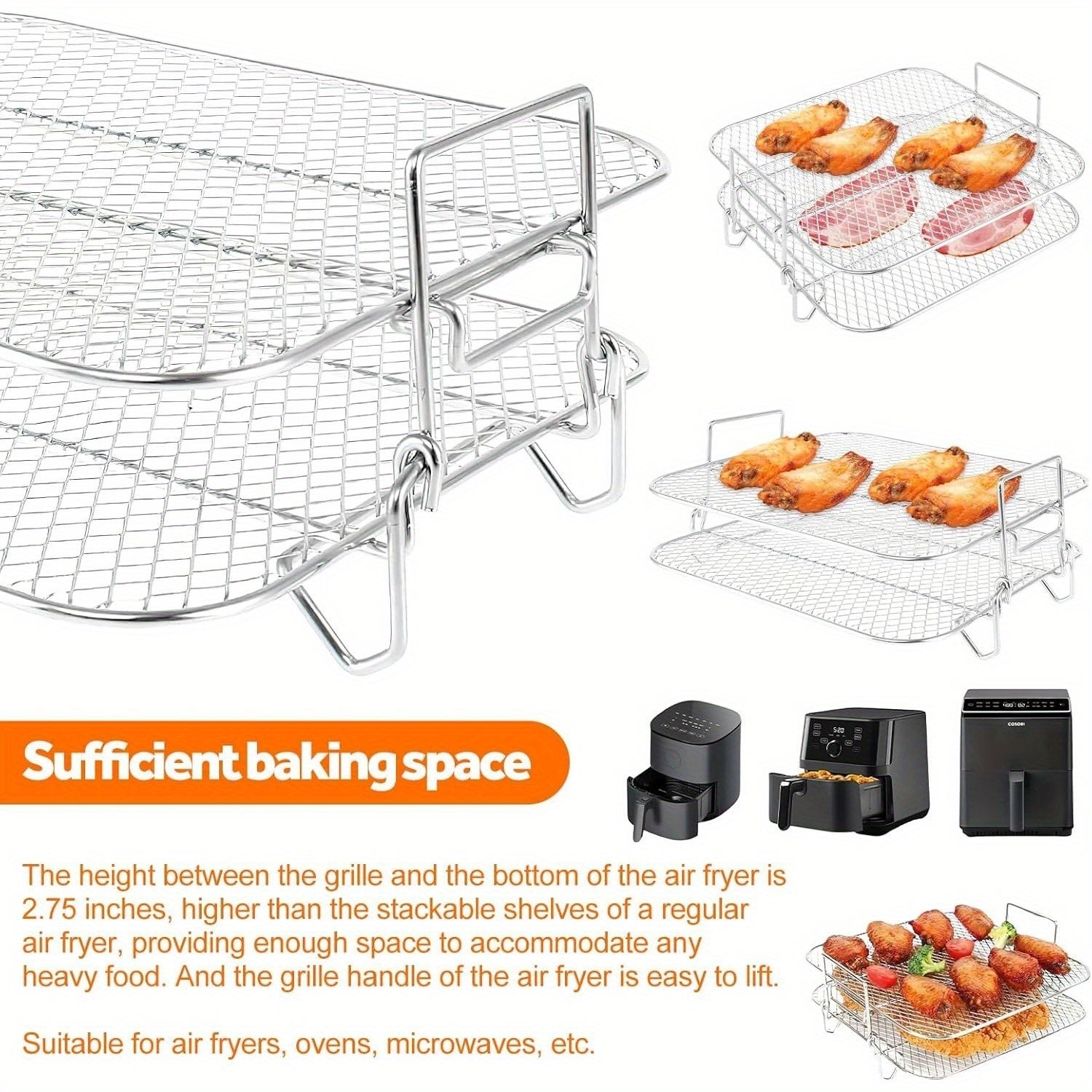 304 Stainless Steel Double Layer Air Fryer Rack for 7.5L-8L Square Air Fryers
