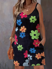 Plus Size Women's Floral Print Jumpsuit Bohemian Style Romper with Pockets