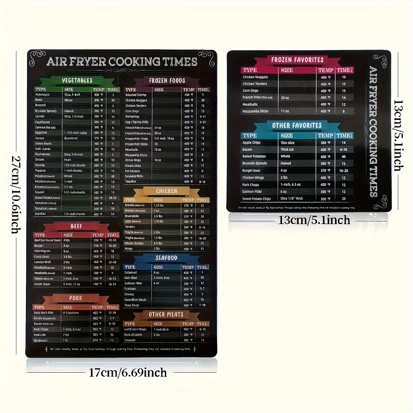 Black Magnetic Air Fryer Cheat Sheets Two-Piece Cooking Times Guide