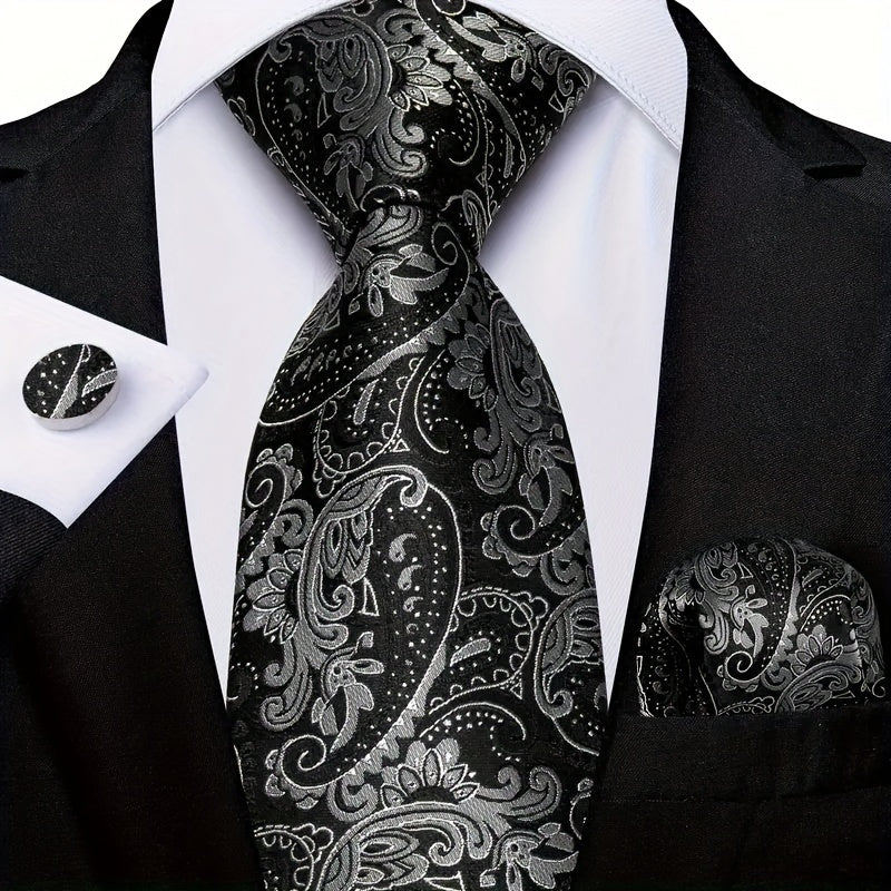 Men's Polyester Necktie Set with Woven Paisley Pattern and Matching Cufflinks for Business and Formal Wear