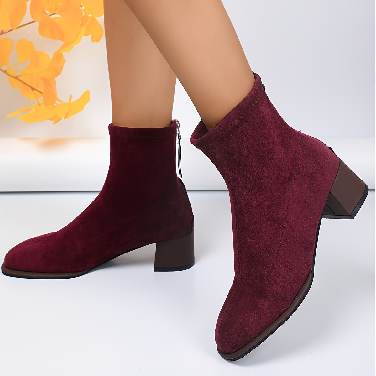 Women's Ankle Boots with Square Toe Flannel Upper Rubber Sole Block Heel