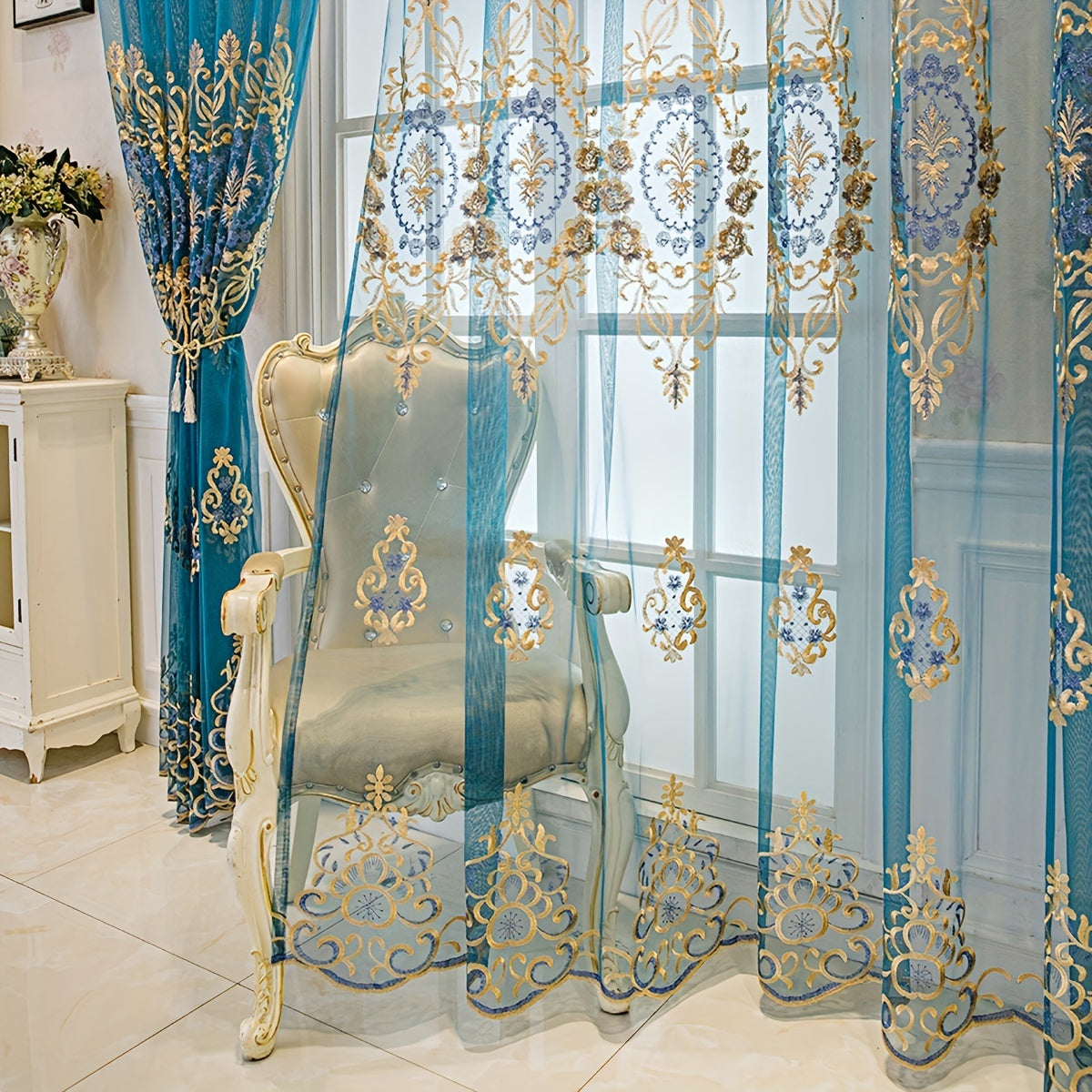 European Style Rhombus Embroidered Sheer Curtains for Living Room or Bedroom