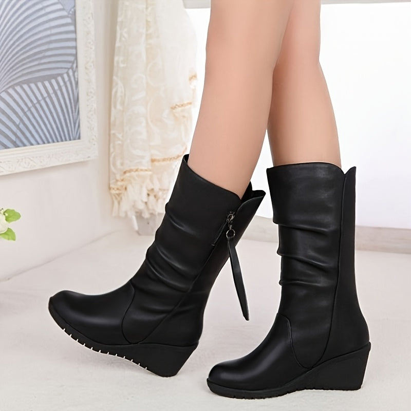 Women's Faux Leather Slip-On Chunky Ankle Boots with Mid-Heel, Round Toe