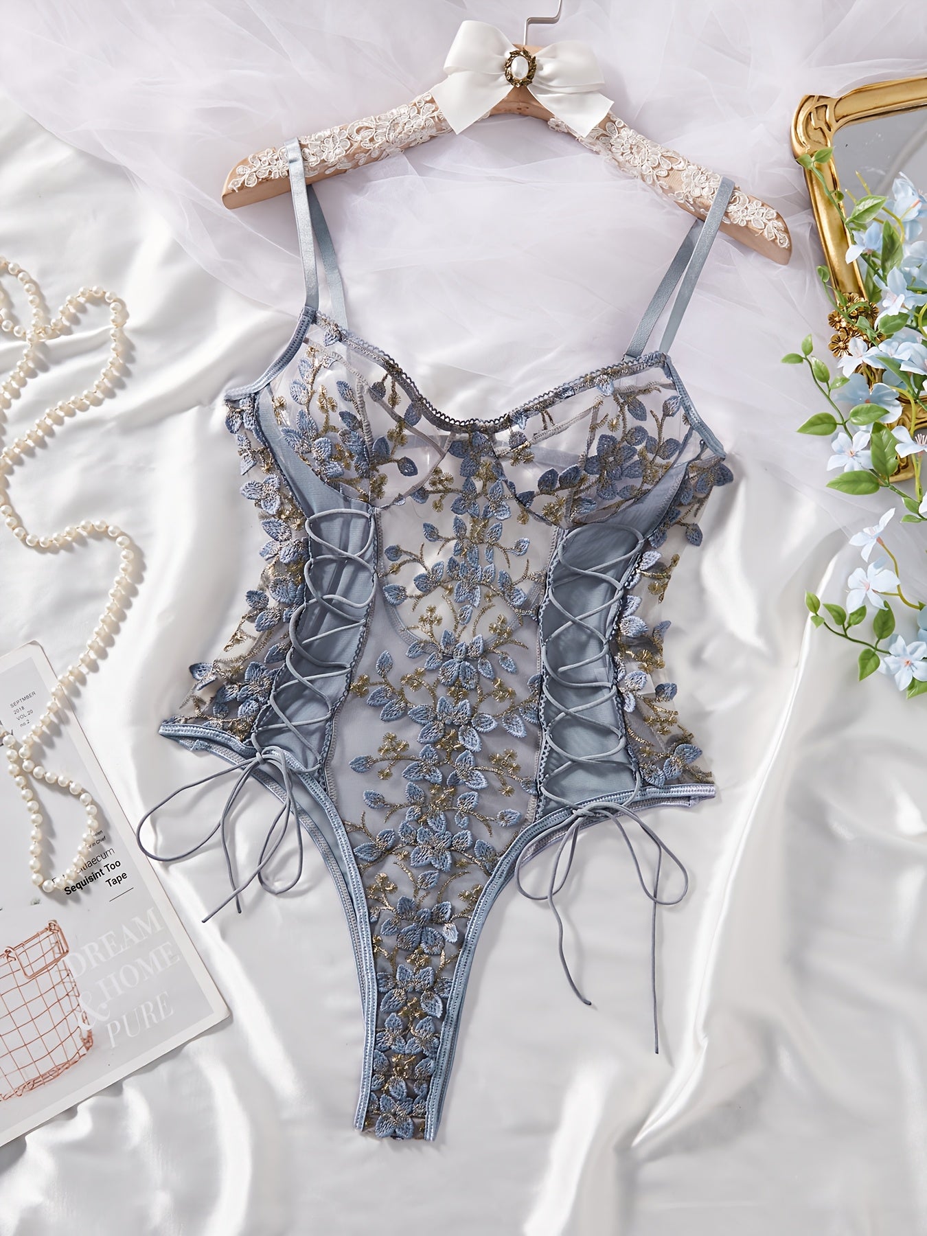 Floral Embroidered Bodysuit with Belt for Women