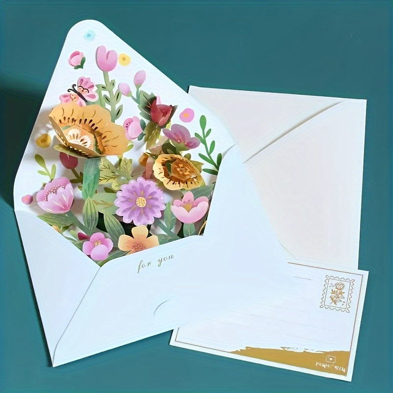 Tarjeta de felicitación con estilo floral y sobre para Eid Al-Adha Mubarak, diseño creativo en 3D