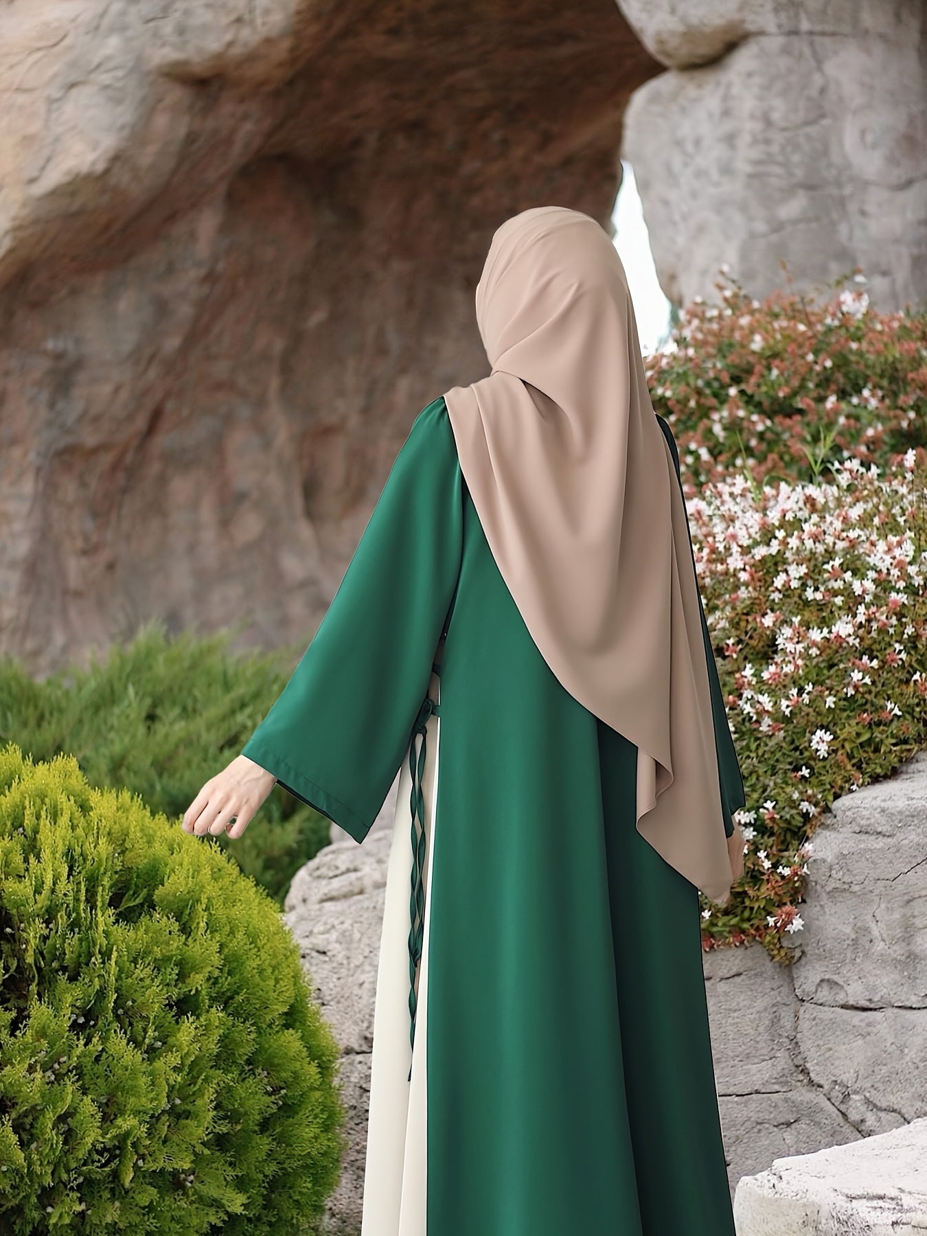 Vestido caftán de bloques de color para mujer con mangas largas y lados con cordón