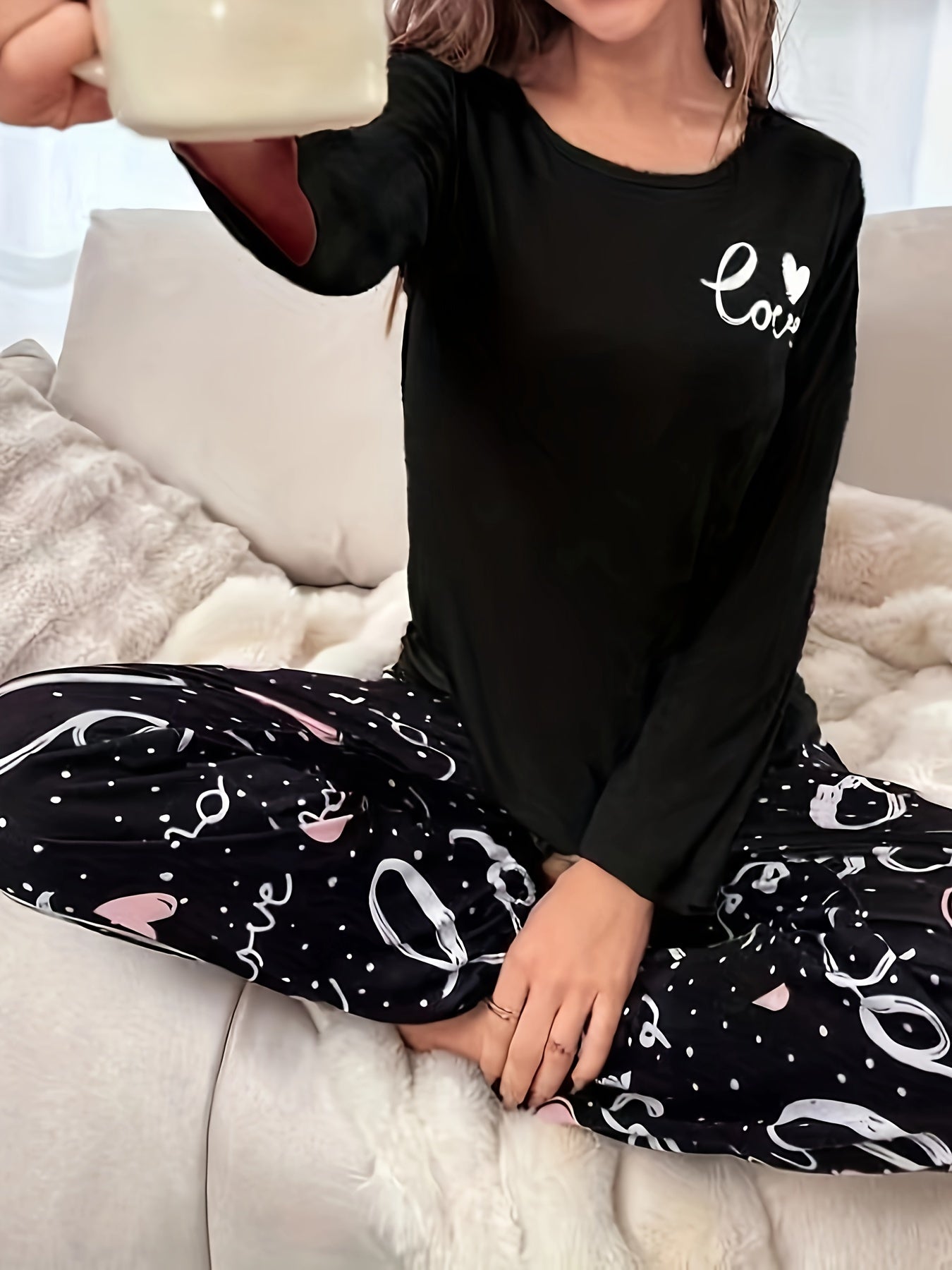 Women's Alphabet Print Long Sleeve Pajama Set Polyester Elastane Casual Sleepwear for Spring Fall