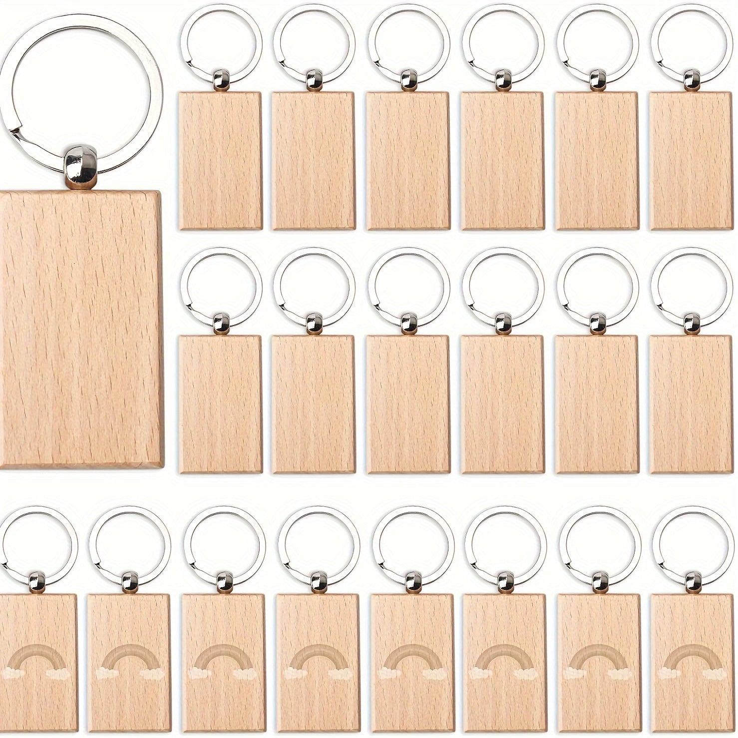 Twenty Pieces Wooden Keychain Blanks Rectangular for Engraving Jewelry Craft Projects