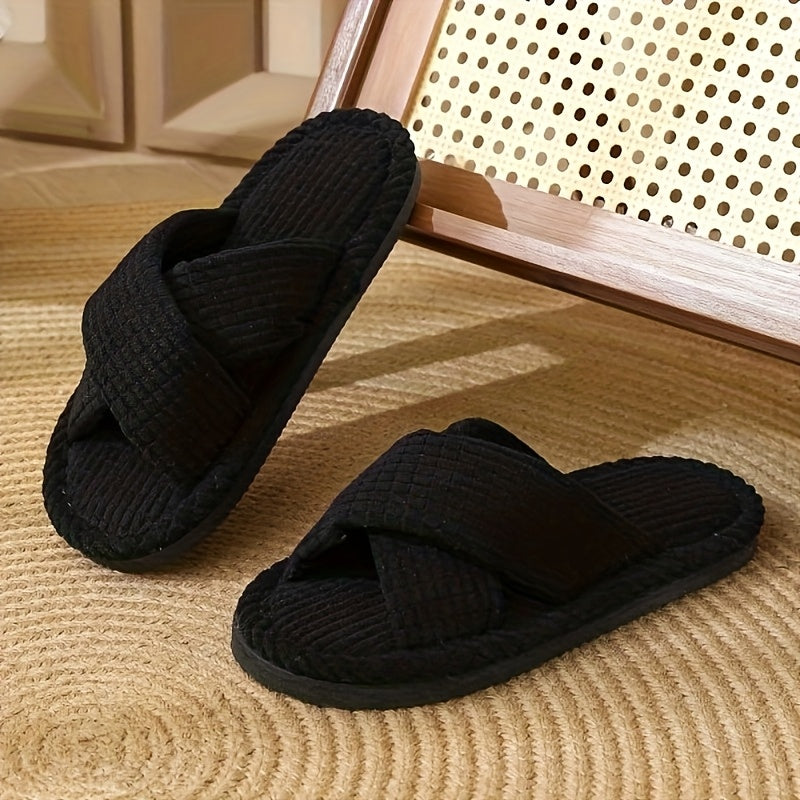 Ayollar uchun pushti vafli toʻqilgan slip-on shlyapki, xoch strap bilan, yotoqxona va hammom uchun