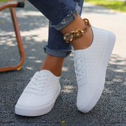 Women’s Casual Sneakers Lightweight Quilted White Low-Top Lace-Up Shoes