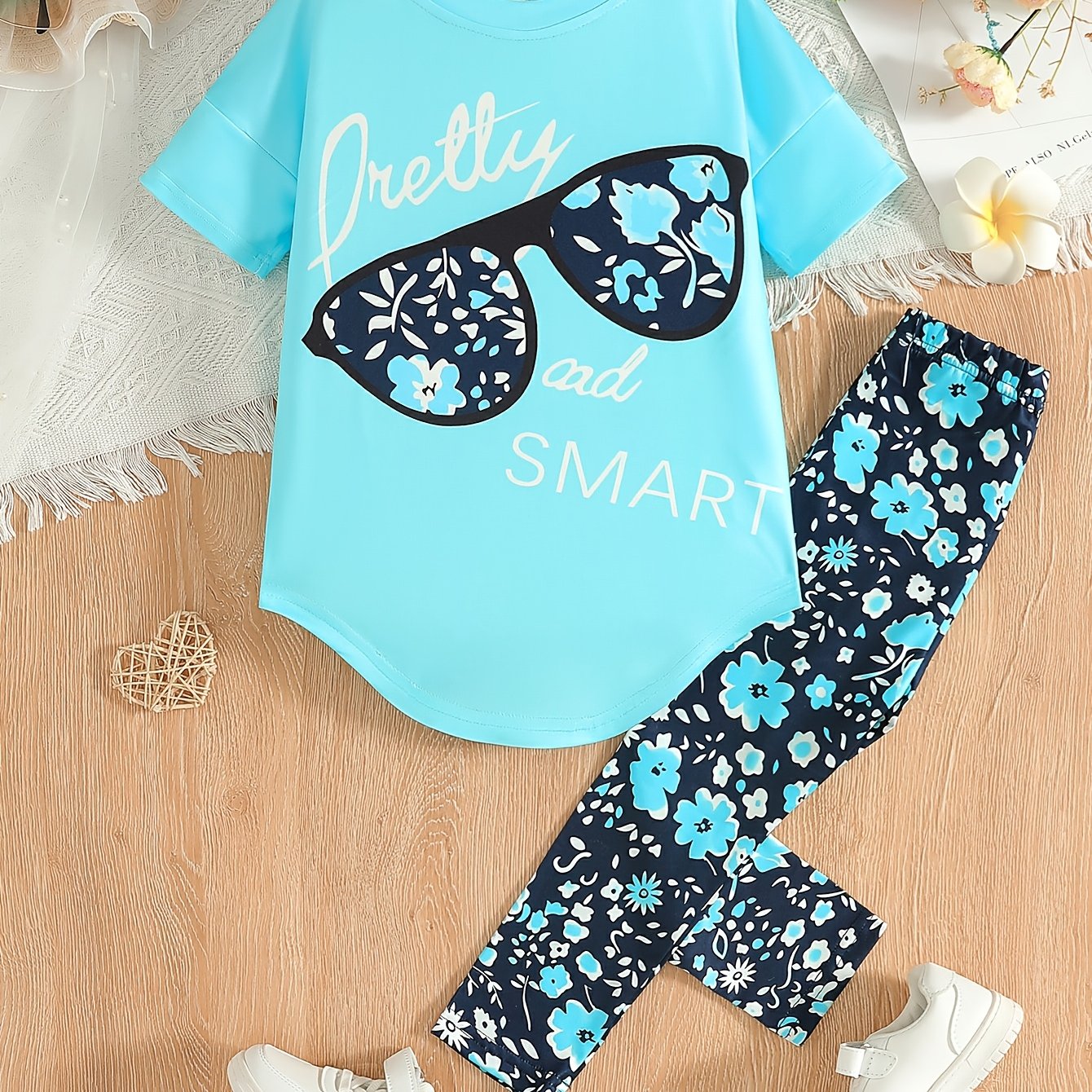 Girls Party T-Shirt Set with Floral Print Drop Shoulder Short Sleeve Cropped Jegging Pants for Girls 12 and Under