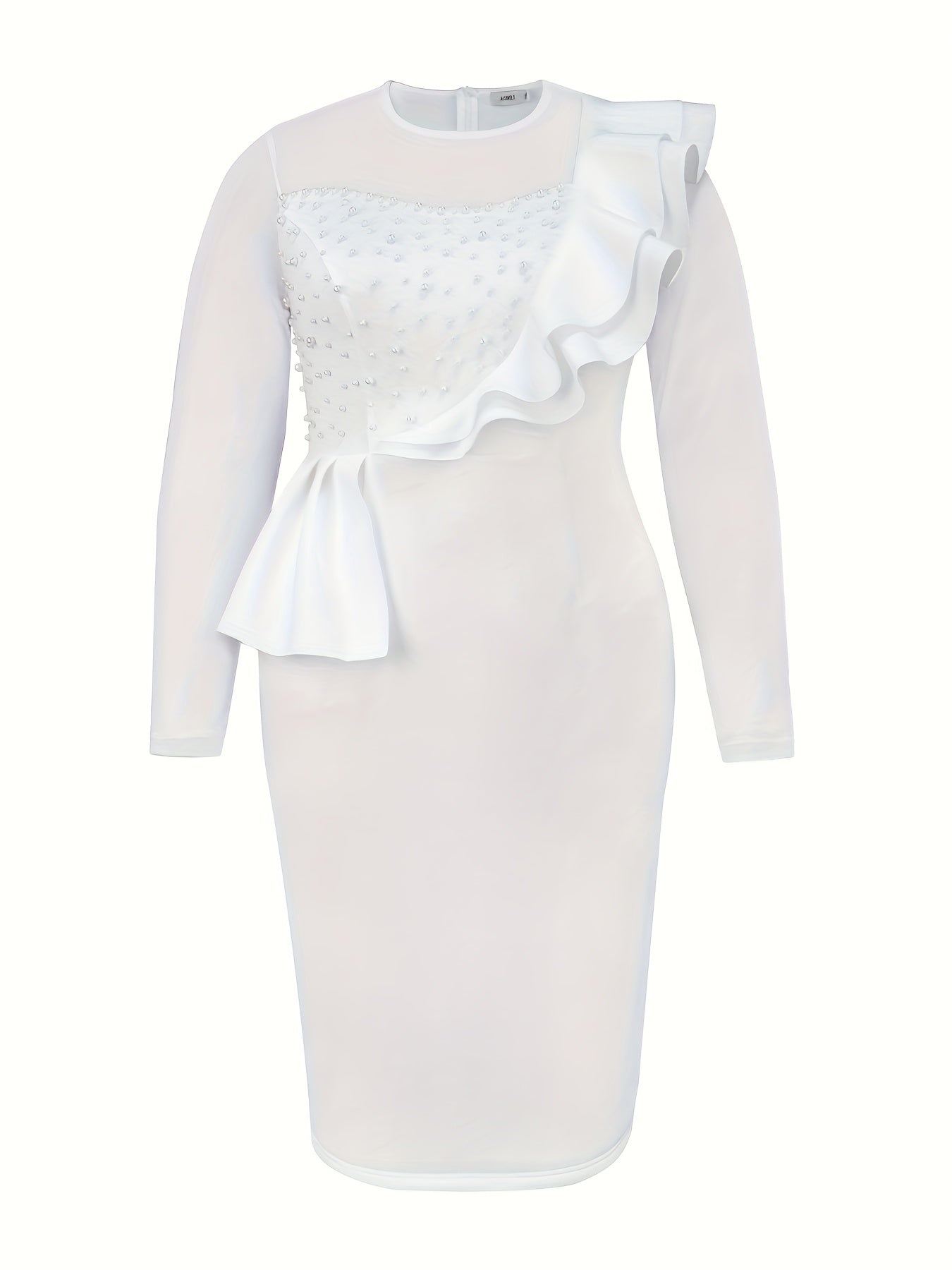 Women's Lace Beaded Long Sleeve Midi Dress Slim Fit Ruffled Party Gown