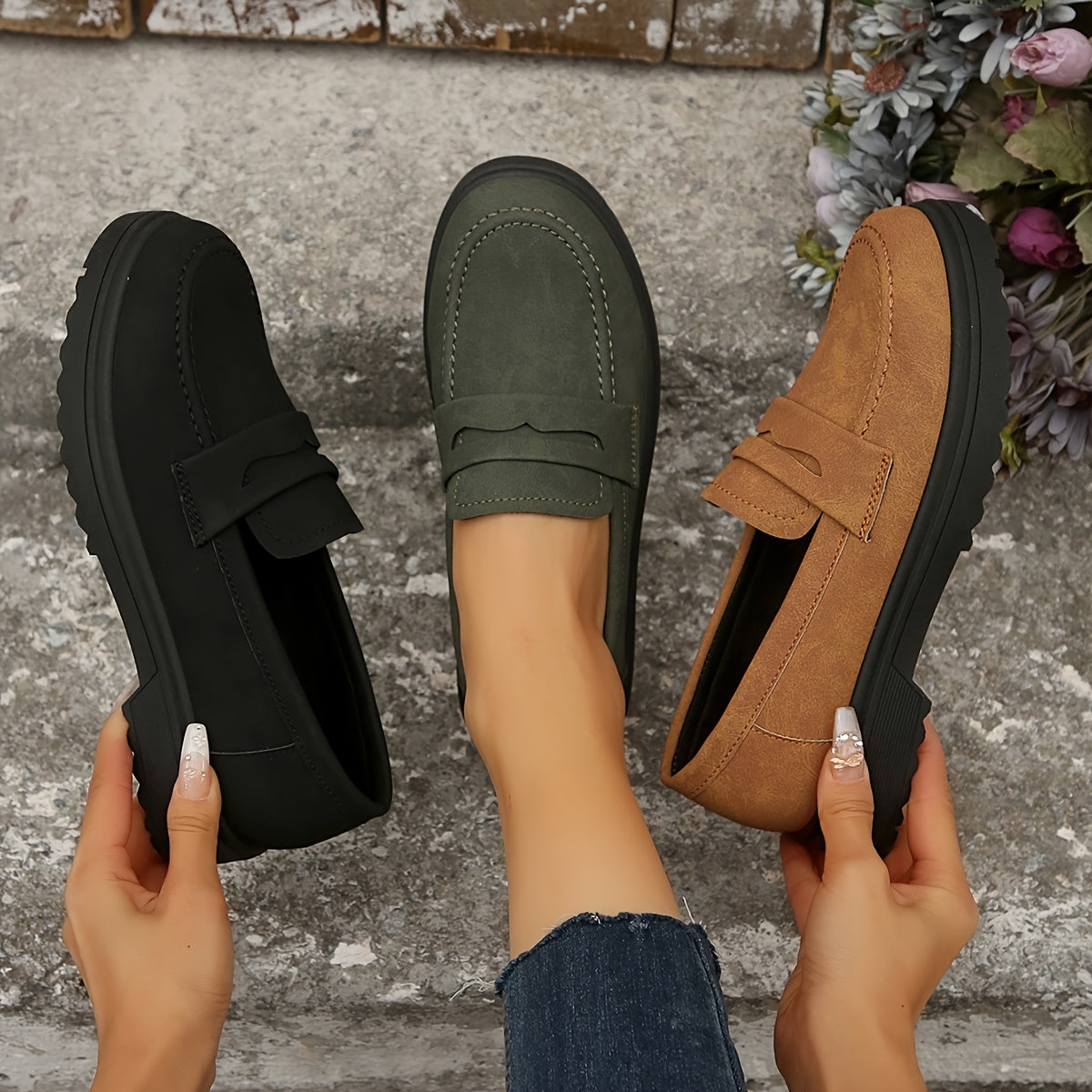 Women's Slip-On Loafers Synthetic Cover Casual Shoes Brown Green Black All-Season