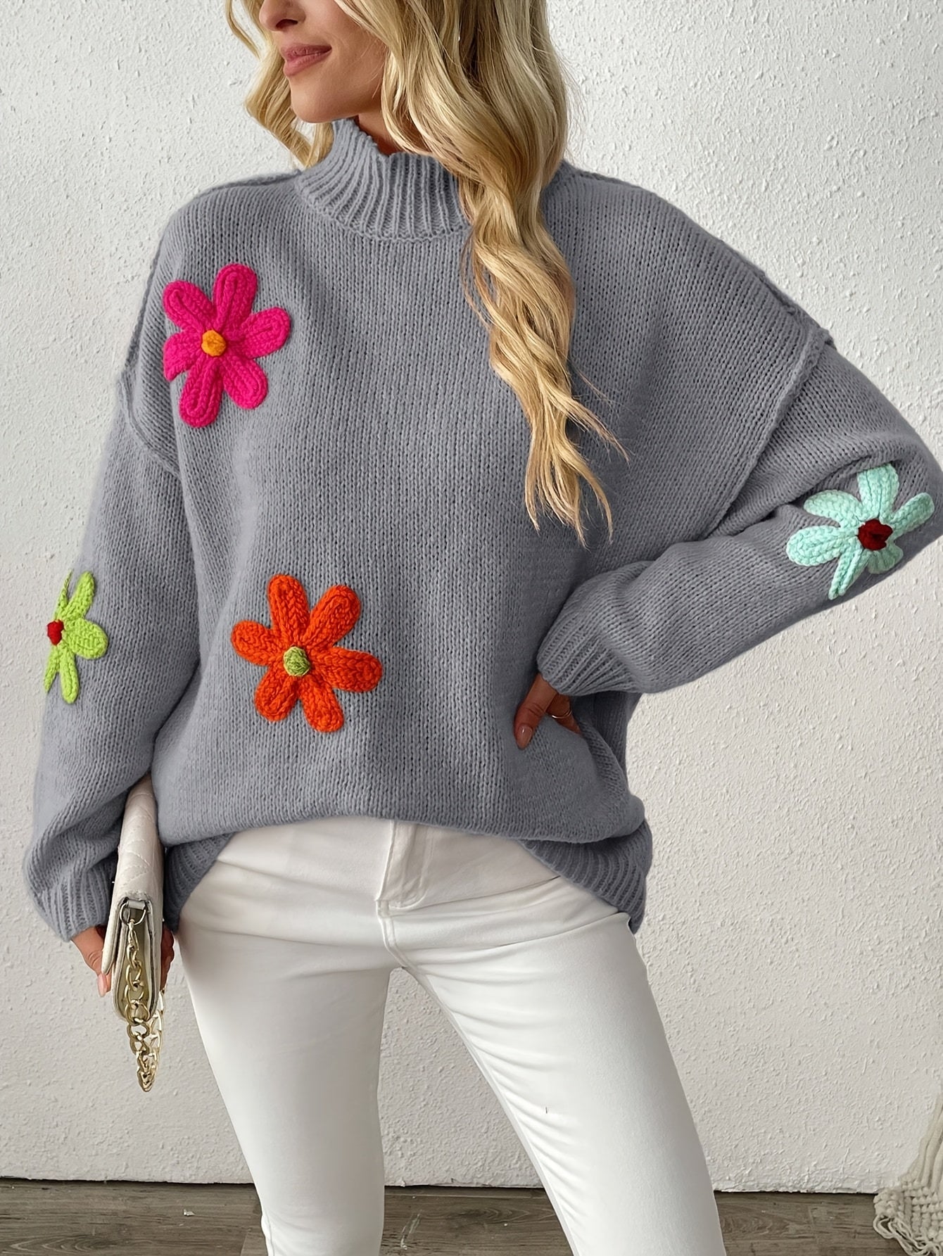 Plus Size Women's Color Block Sweater Asymmetrical Round Neck Pullover