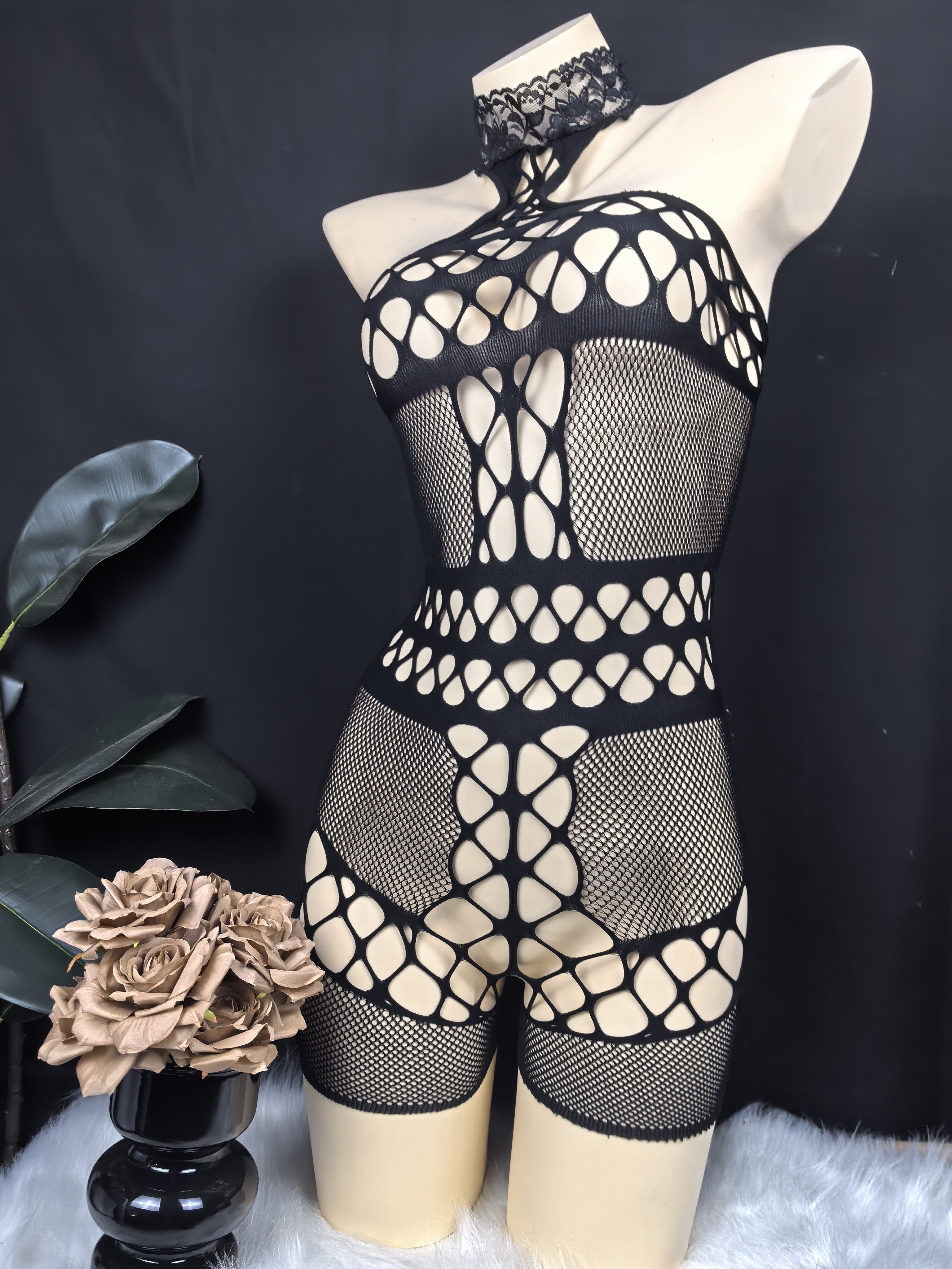Women's Mesh Bodysuit with Hollow-Out Design and Low Support