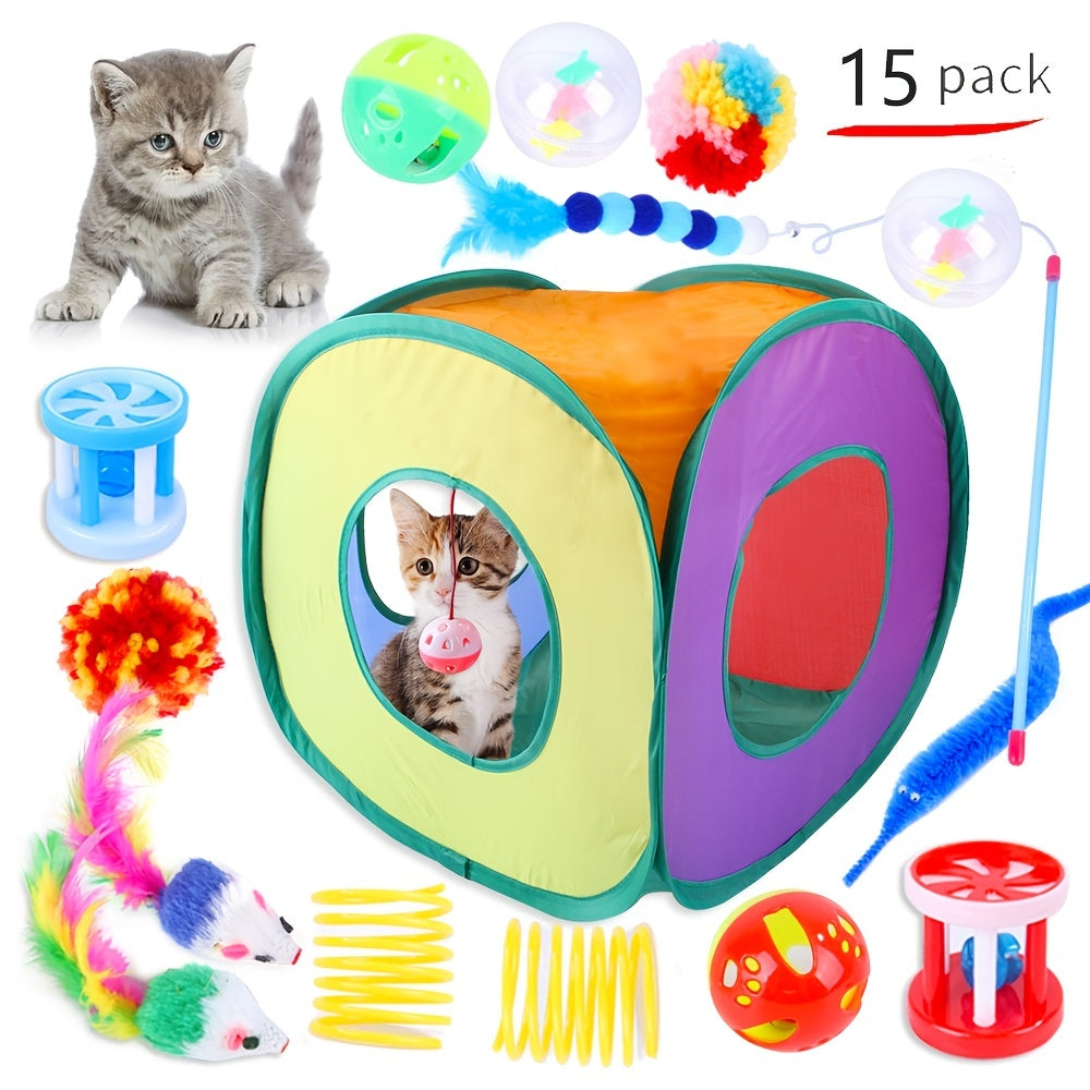 Kit de juguetes para gatos, conjunto para gatitos con túneles plegables de 3 vías y juguete de plumas de poliéster