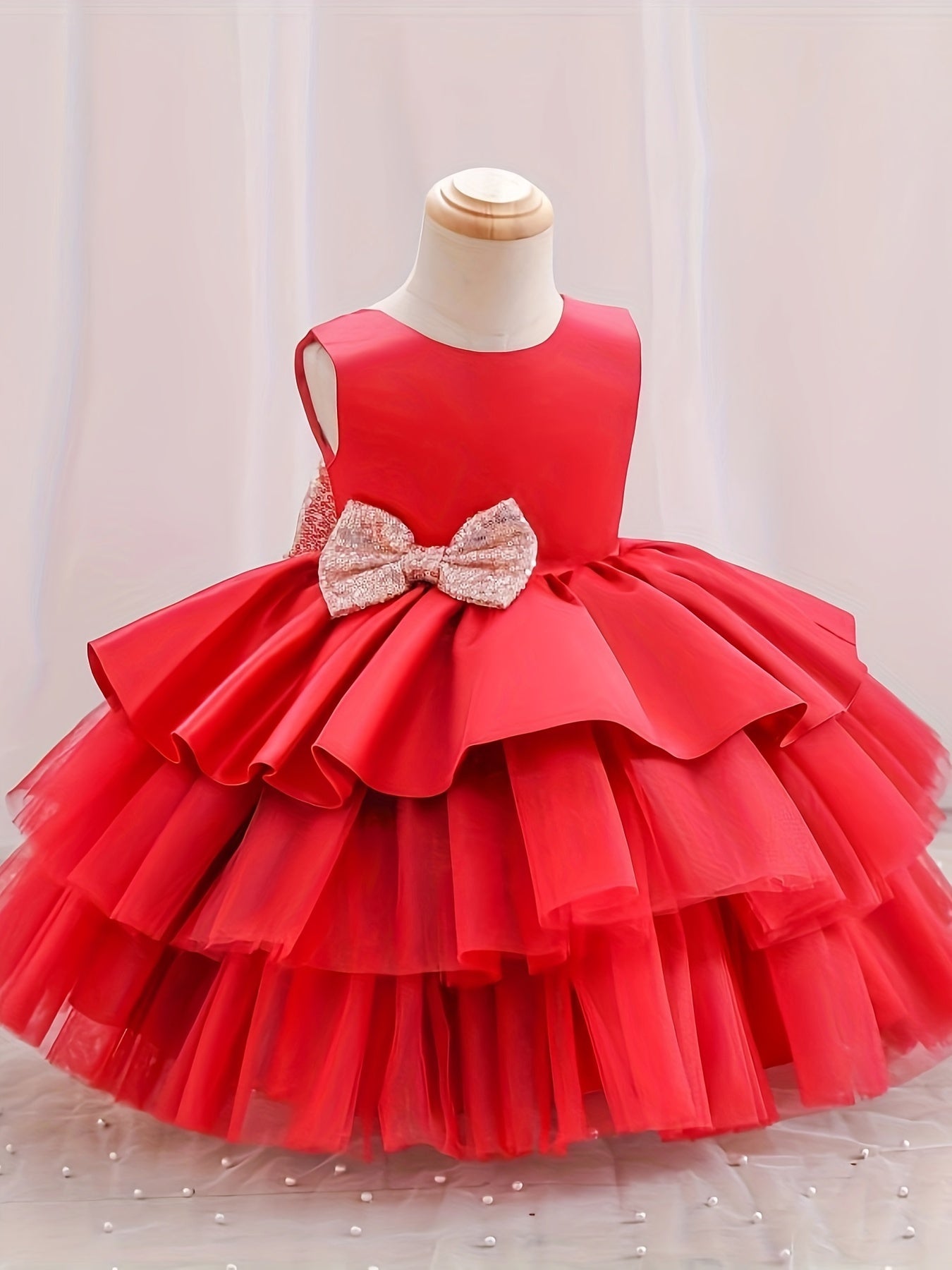Girls Sleeveless Princess Dress with Bow and Cut-Out Back for Parties and Performances