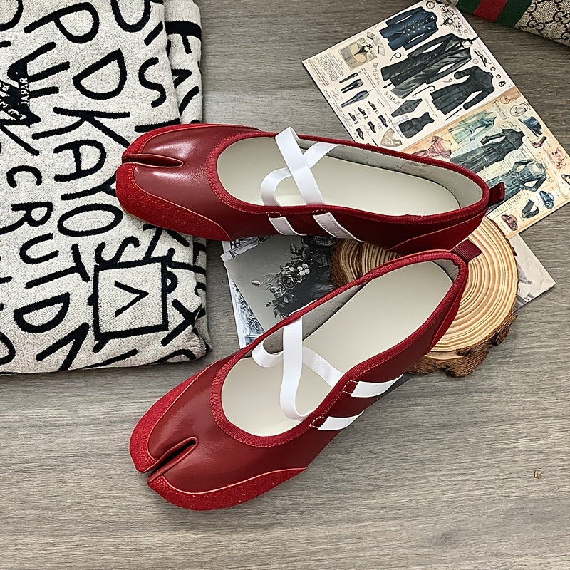 Women's Red and White Strappy Mary Jane Flats with Bow Embellishment