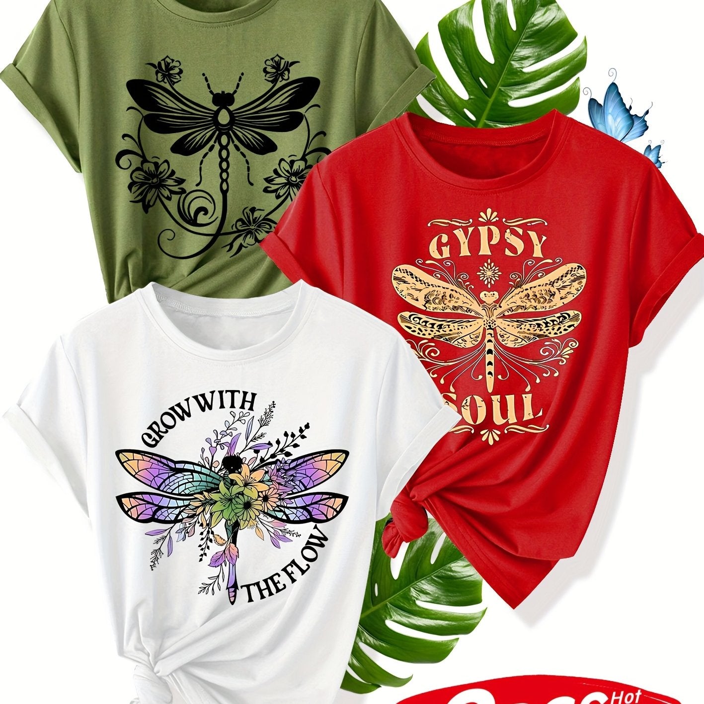 Women's Summer Casual T-Shirt With Flower Dragonfly Print Short Sleeve Multiple Colors