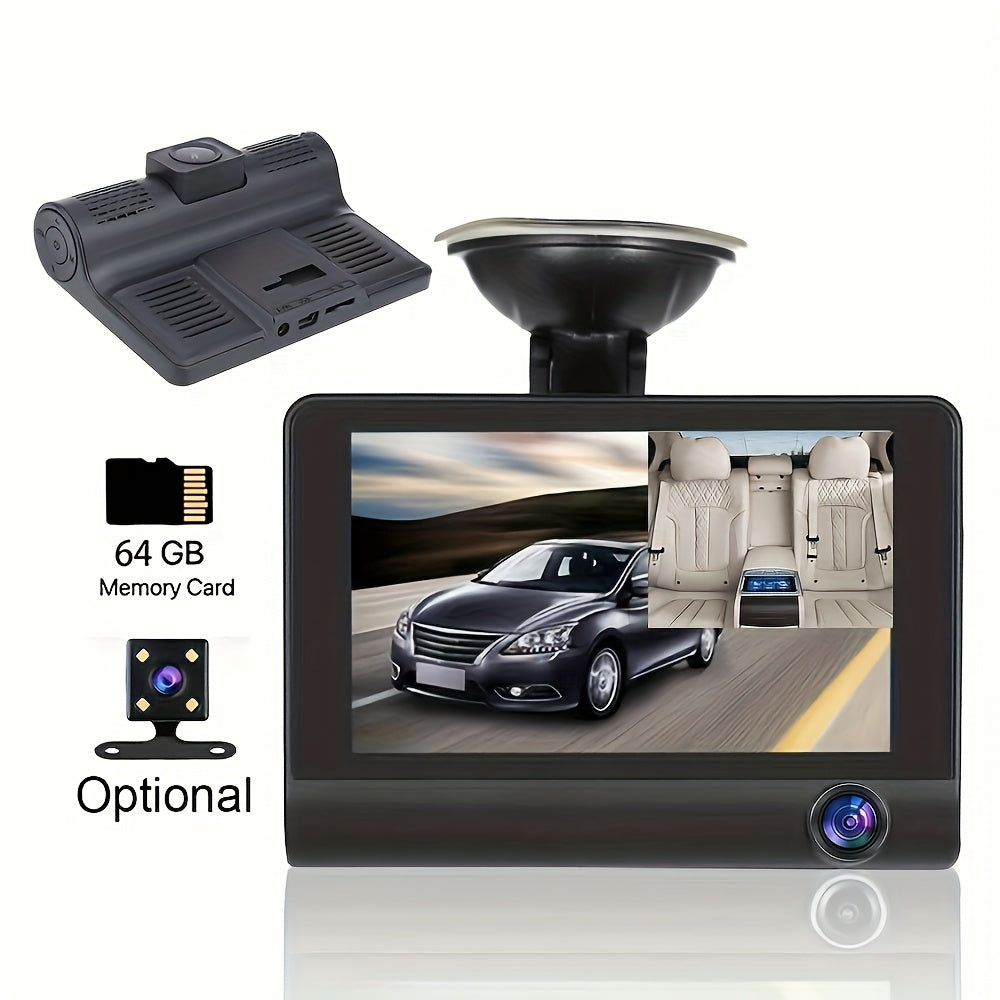 Cámara de tablero para coche con visión nocturna de tres lentes, grabación en bucle 720p, memoria de 64GB