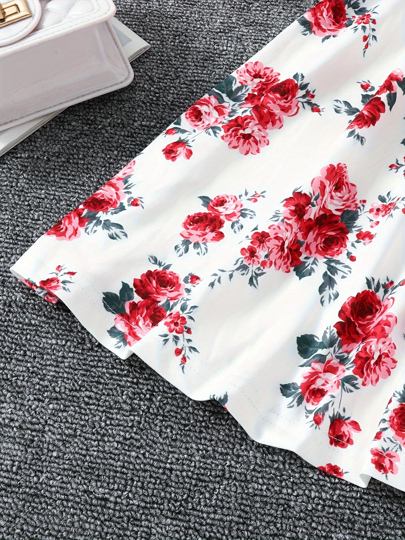 Girls' Spring Fall Floral Dress Set with Ruffle Hem and Crew Neck Top